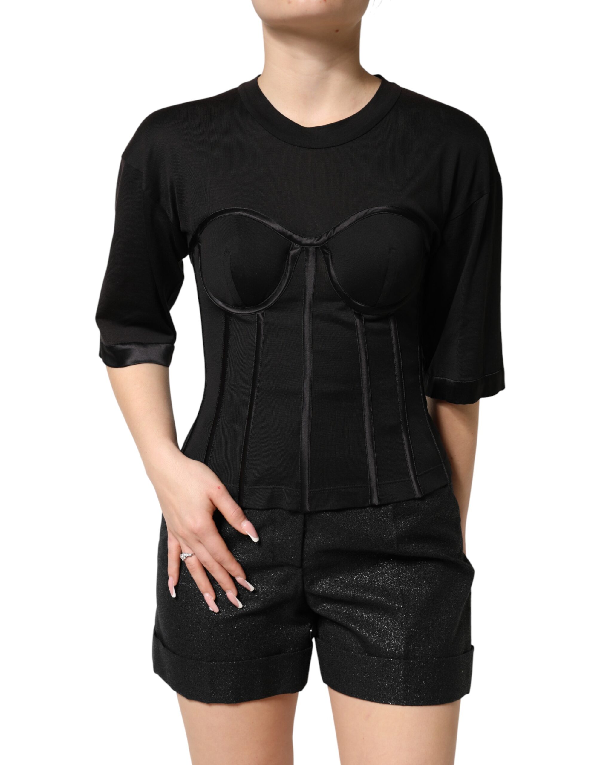 Dolce & Gabbana Black Cotton Bustier Corset Short Sleeves T-shirt - Image 3
