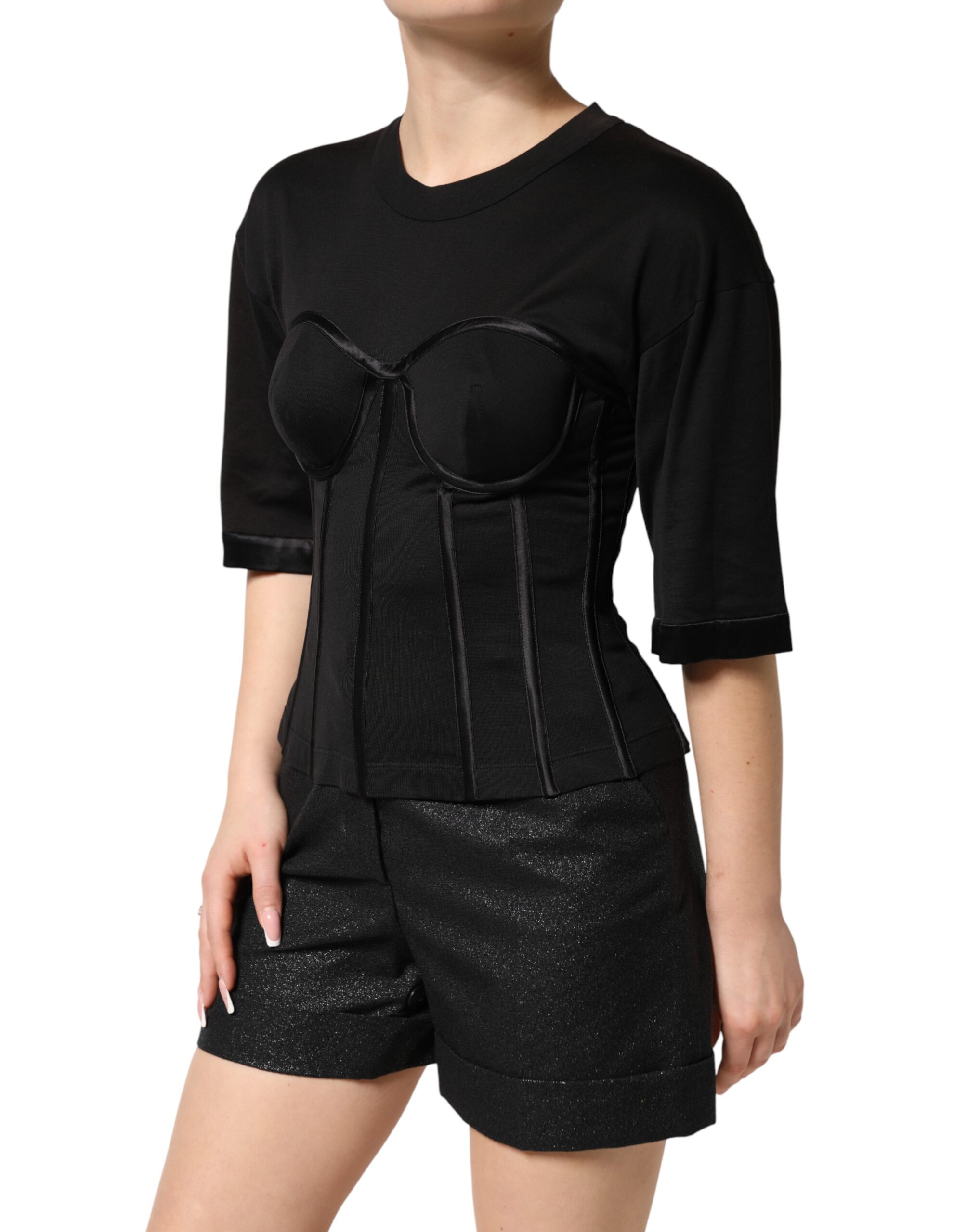 Dolce & Gabbana Black Cotton Bustier Corset Short Sleeves T-shirt - Image 4