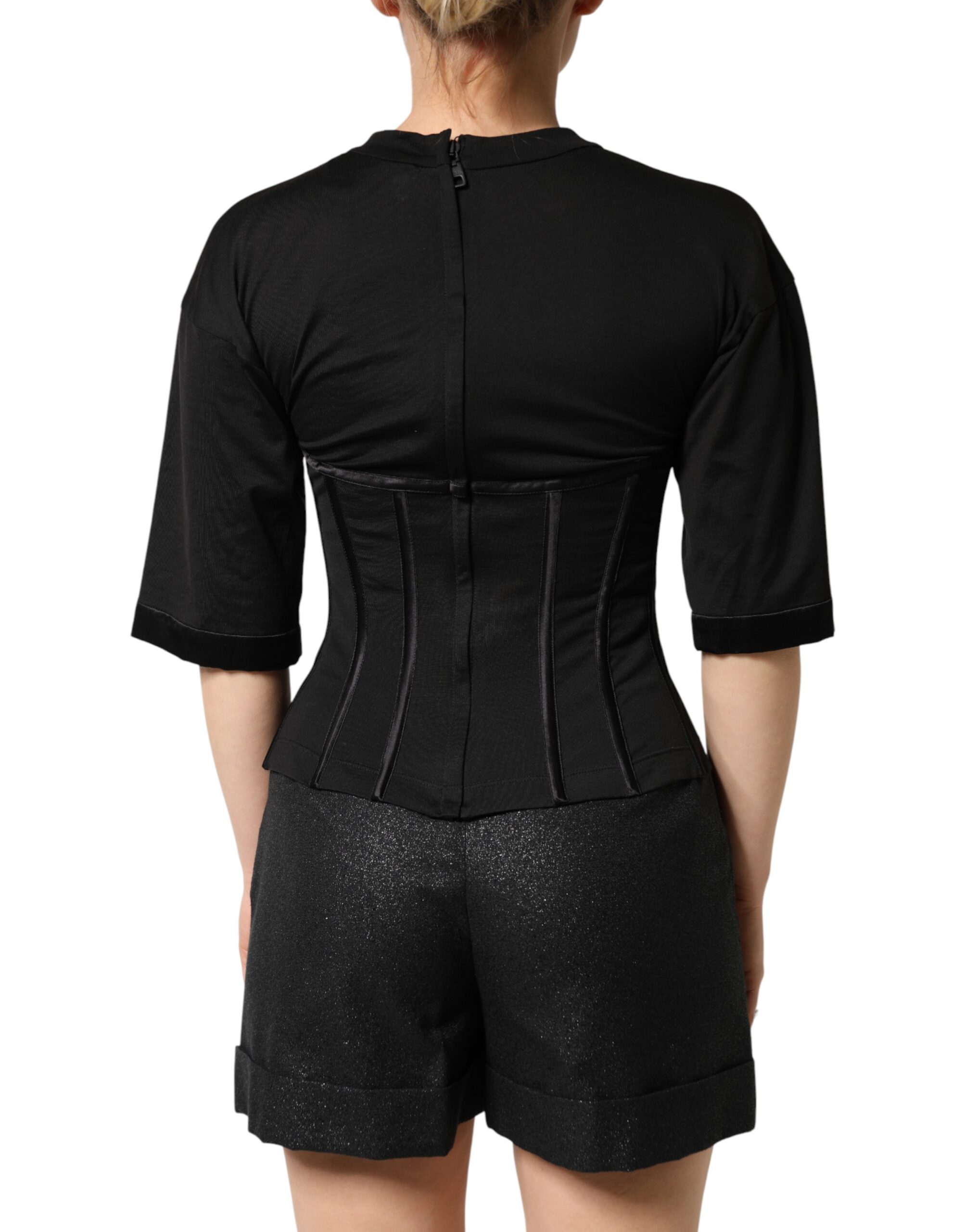 Dolce & Gabbana Black Cotton Bustier Corset Short Sleeves T-shirt - Image 5