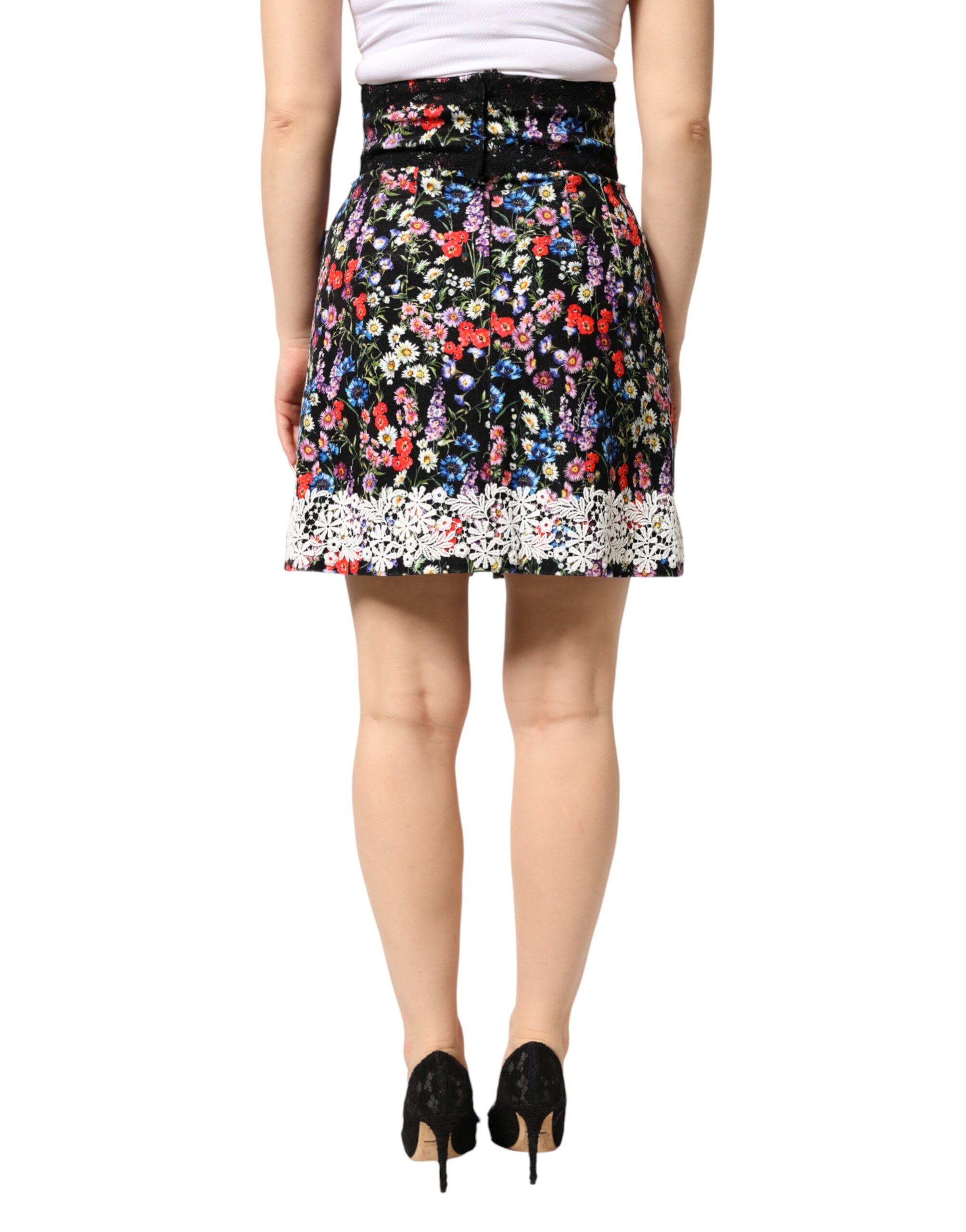 Dolce & Gabbana Black Floral Lace Cotton HighWaist Mini Skirt - Image 4