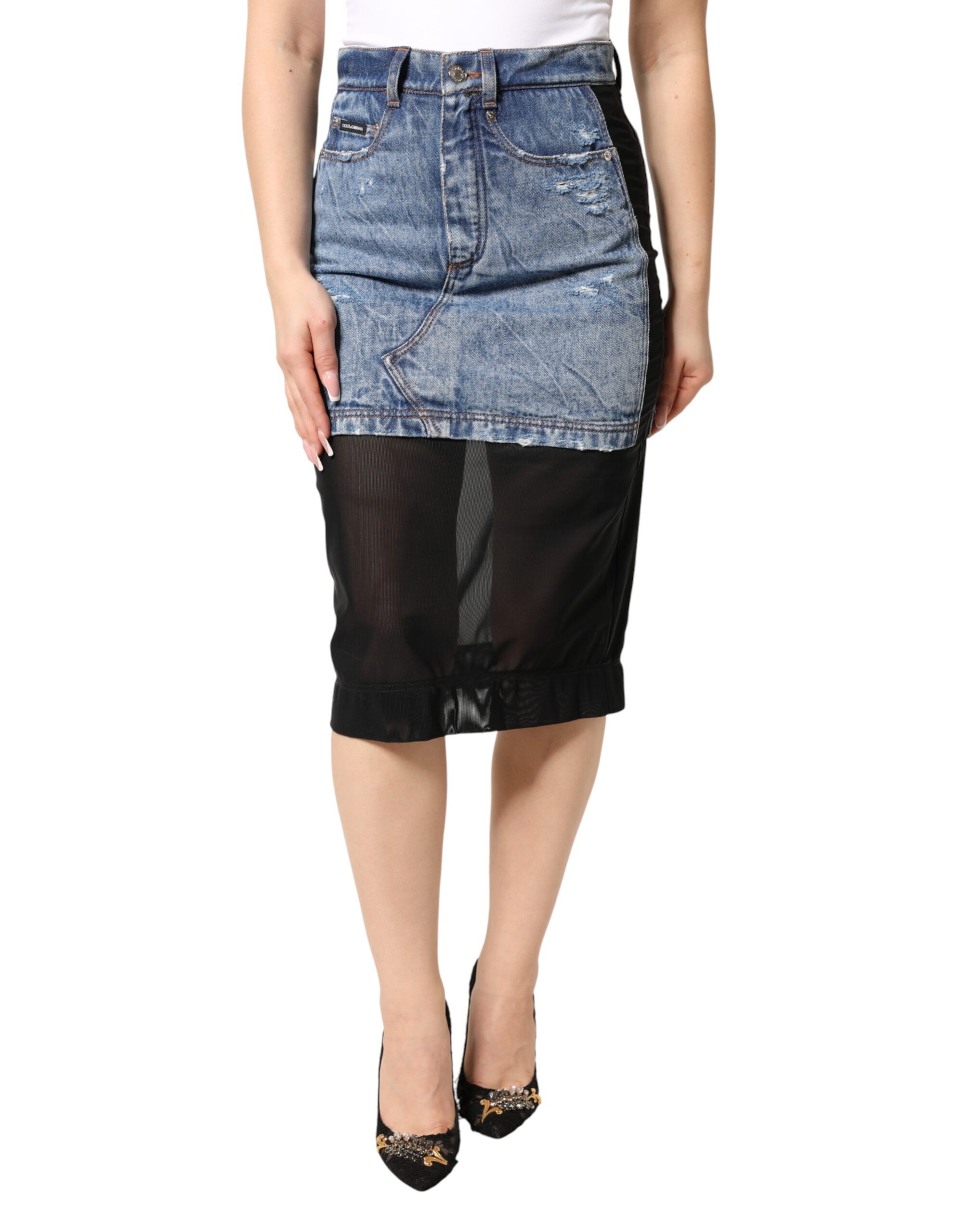 Dolce & Gabbana Blue Black Cotton Denim Sheer Midi Skirt - Image 2