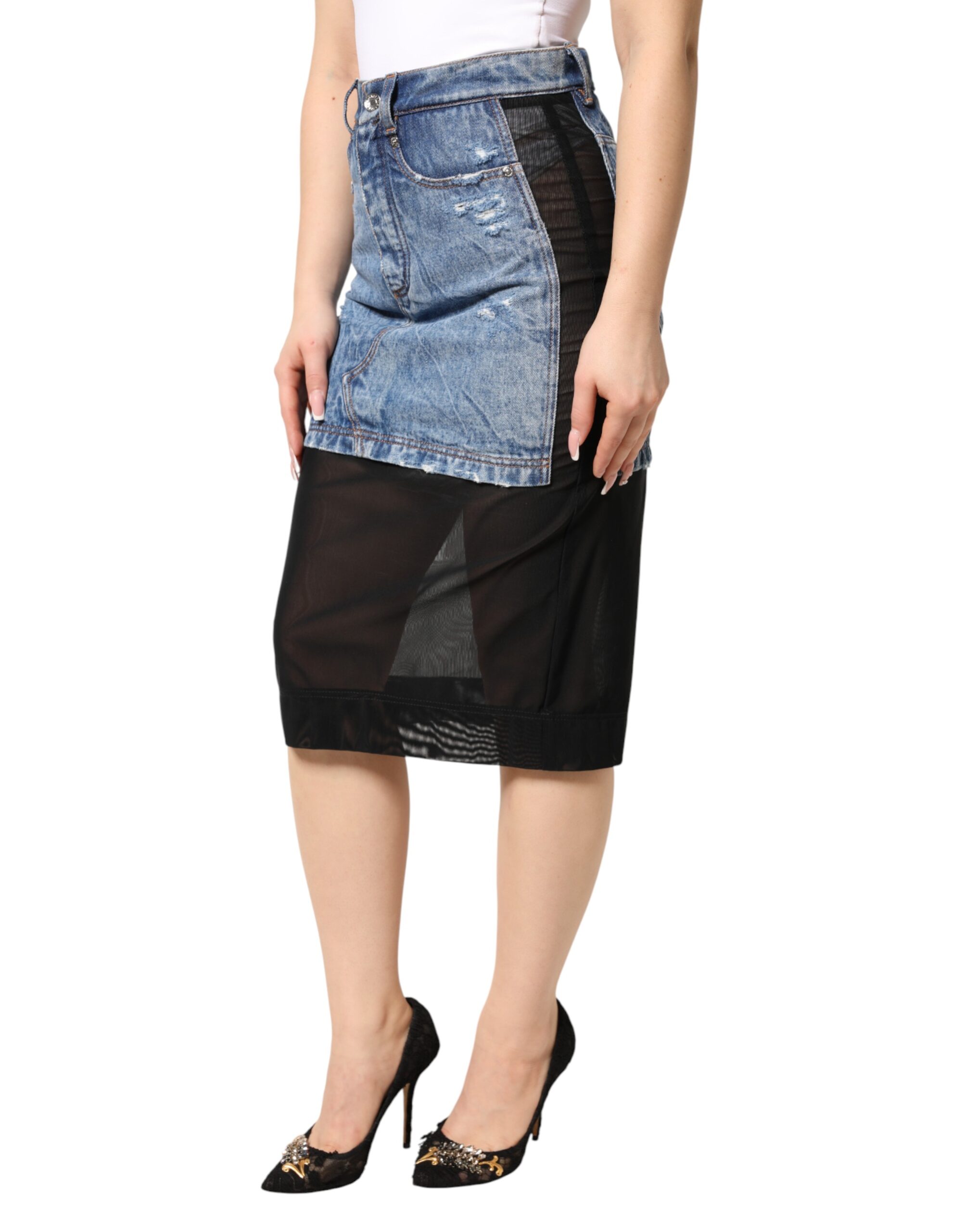 Dolce & Gabbana Blue Black Cotton Denim Sheer Midi Skirt - Image 3