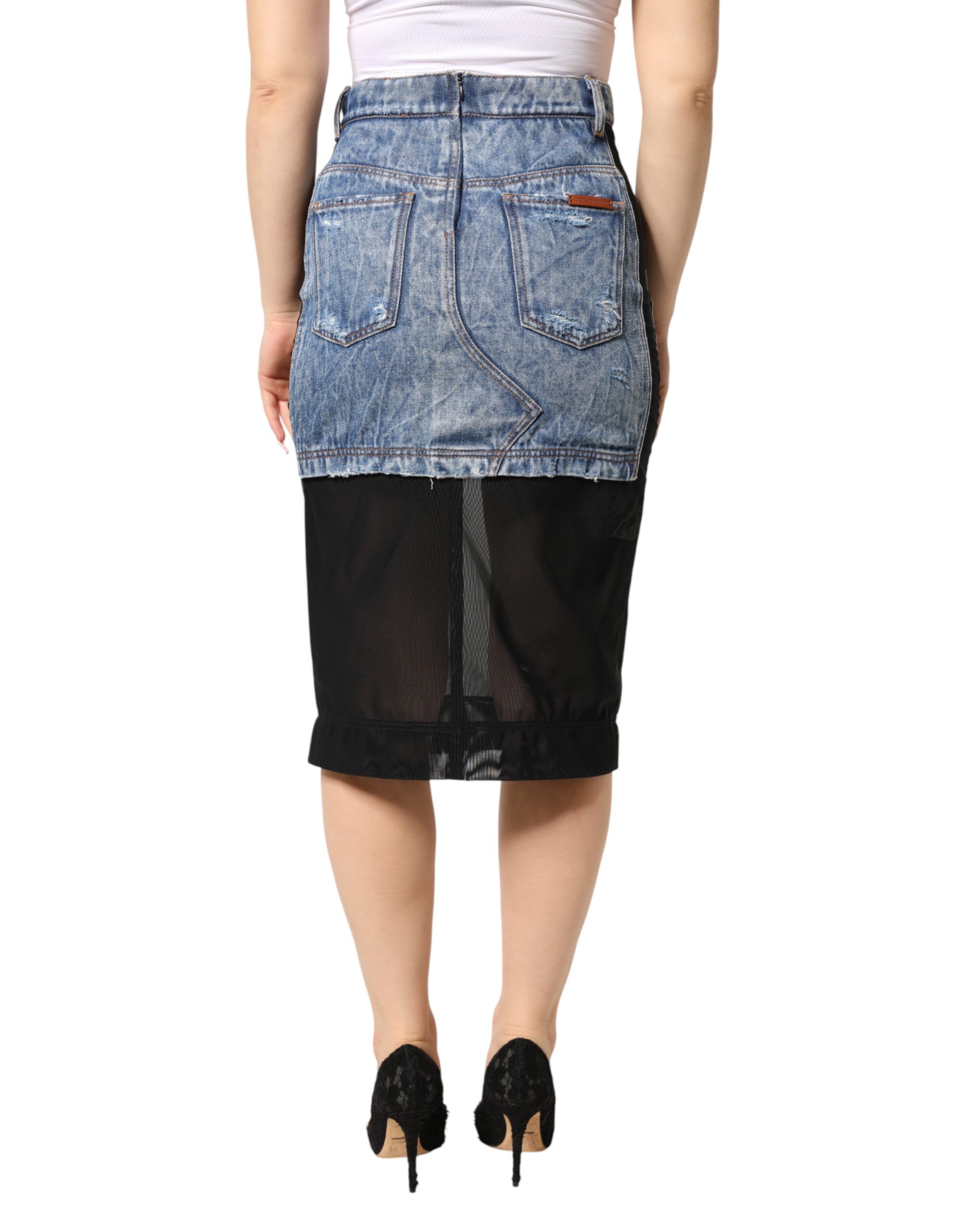 Dolce & Gabbana Blue Black Cotton Denim Sheer Midi Skirt - Image 4