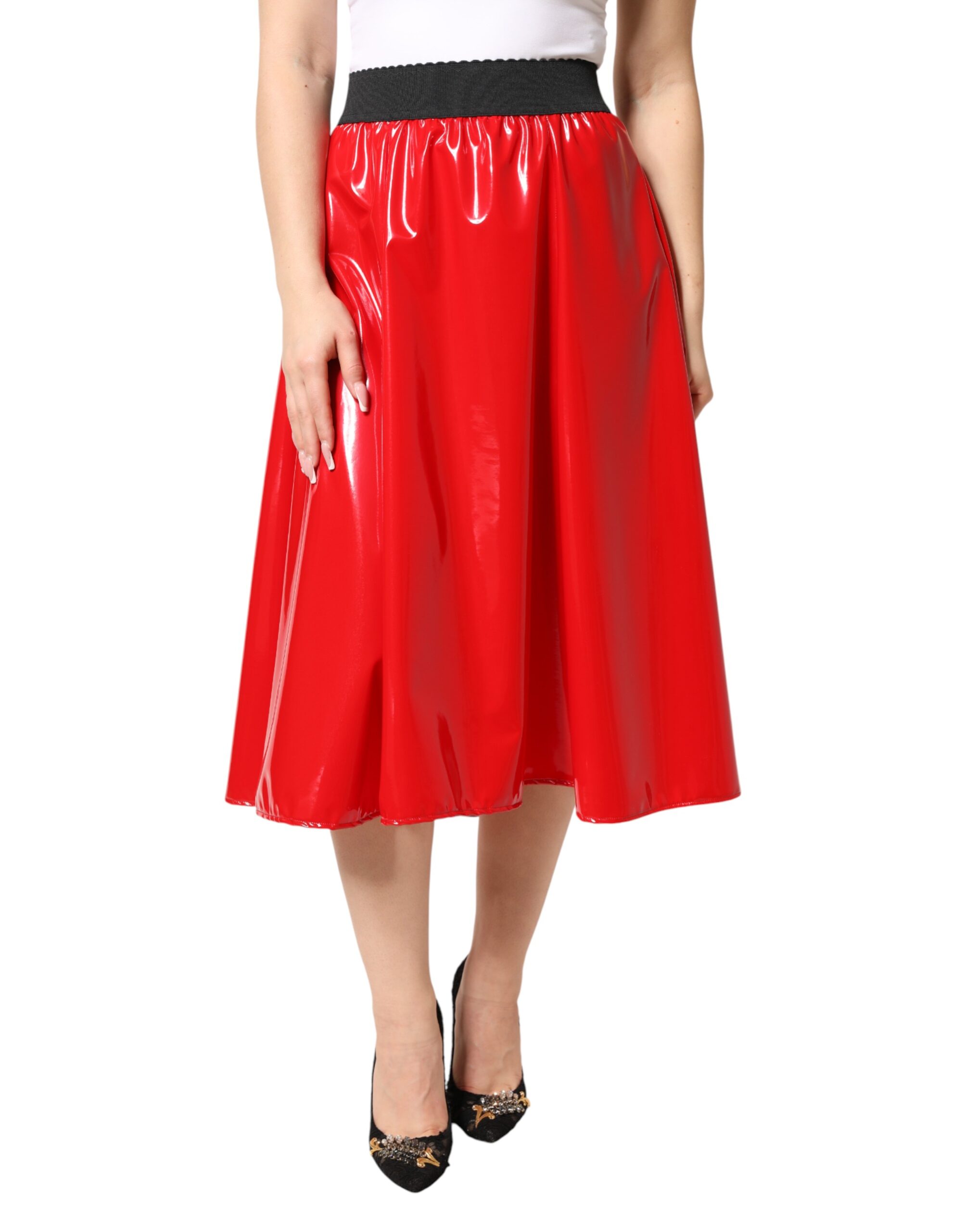 Dolce & Gabbana Glossy Red Polyester High Waist Midi Skirt - Image 2