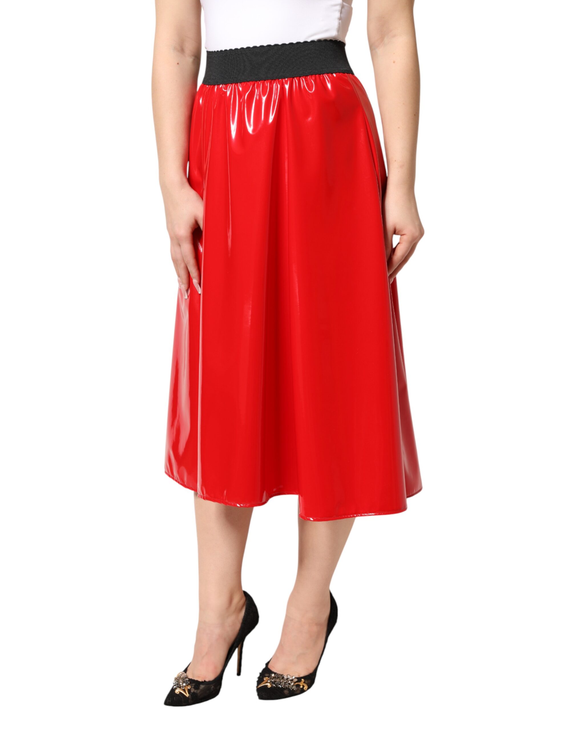 Dolce & Gabbana Glossy Red Polyester High Waist Midi Skirt - Image 3