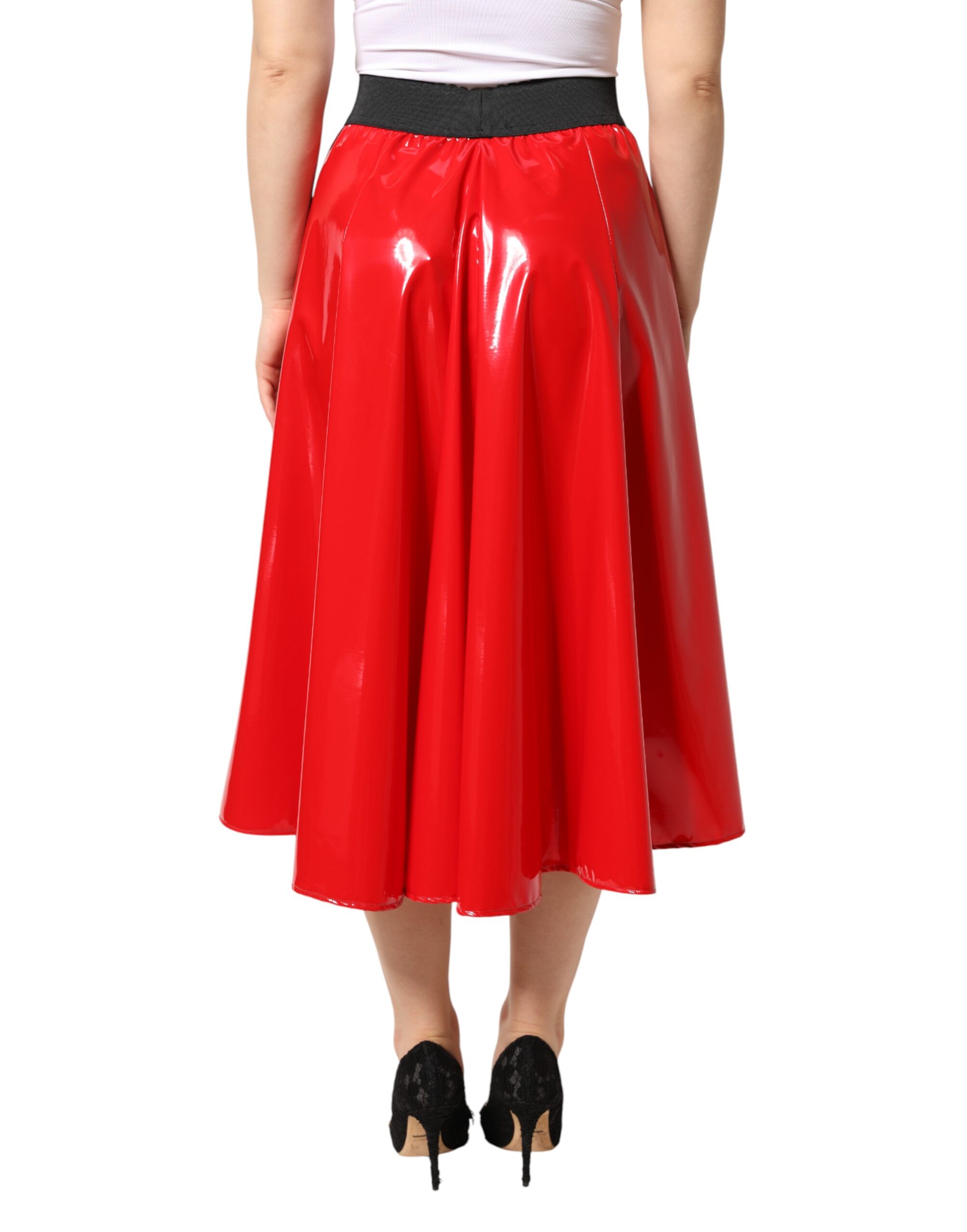 Dolce & Gabbana Glossy Red Polyester High Waist Midi Skirt - Image 4