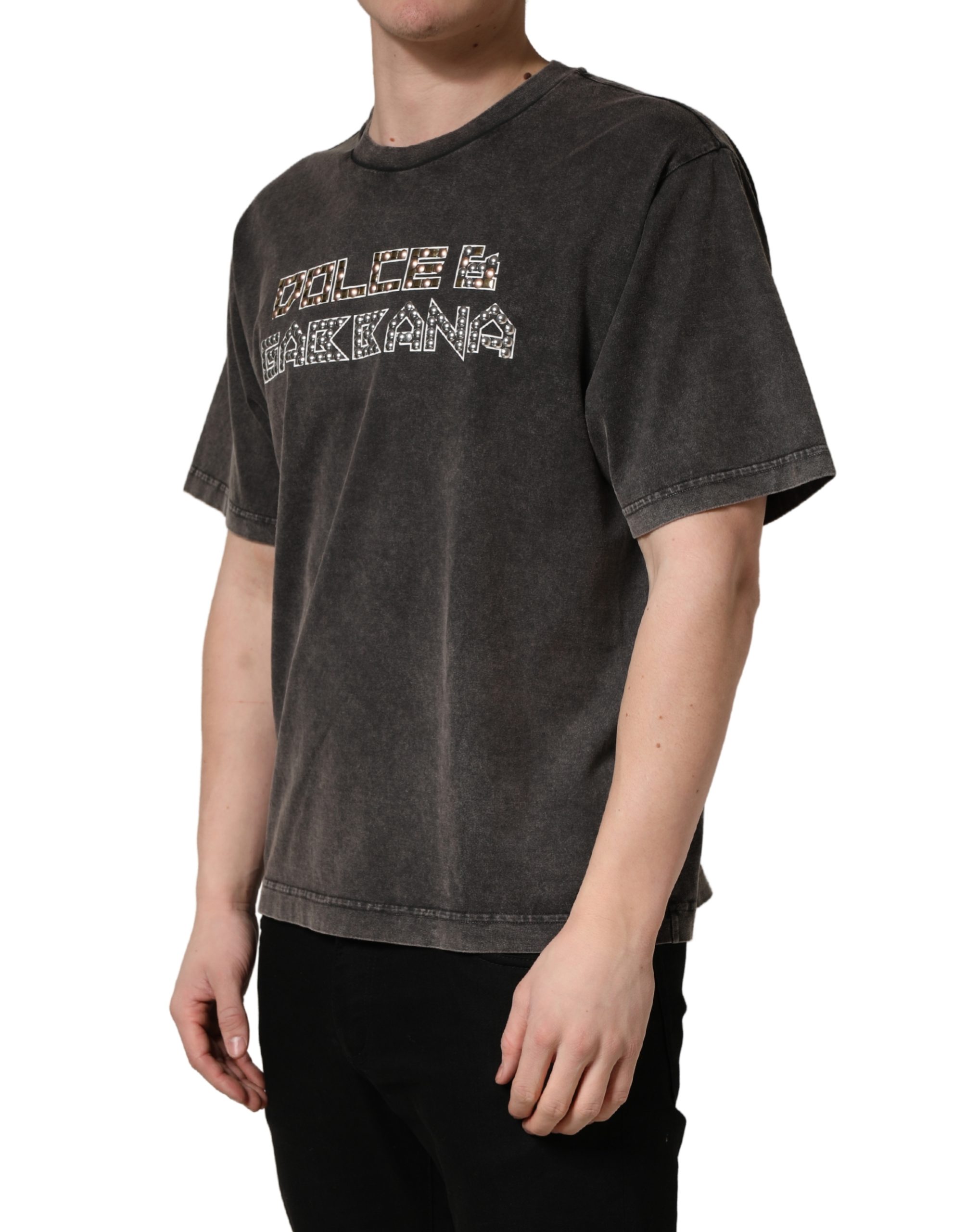 Dolce & Gabbana Gray Logo Embellished Men Crew Neck T-shirt - Image 3