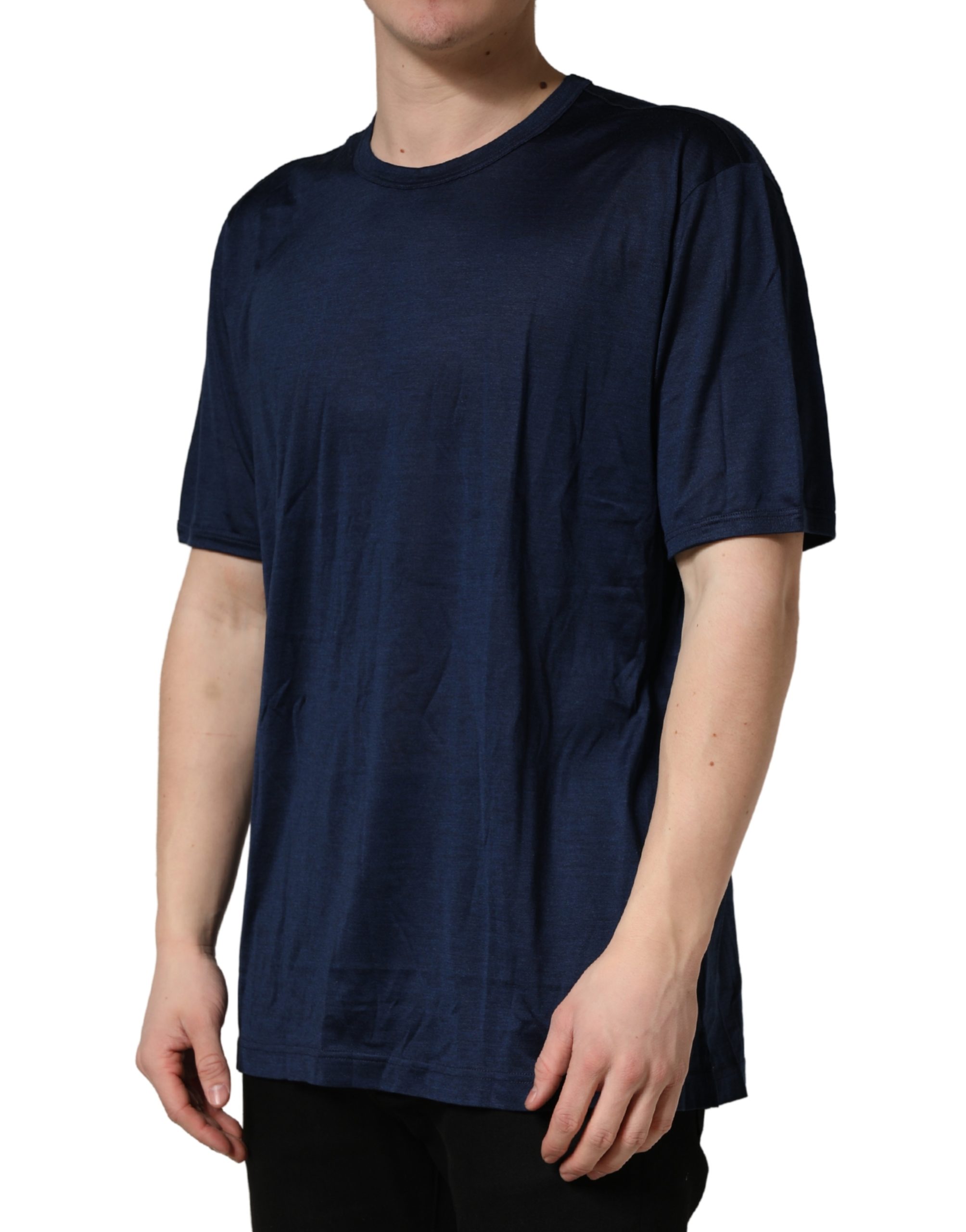 Dolce & Gabbana Dark Blue Silk Short Sleeve CrewNeck T-shirt - Image 3
