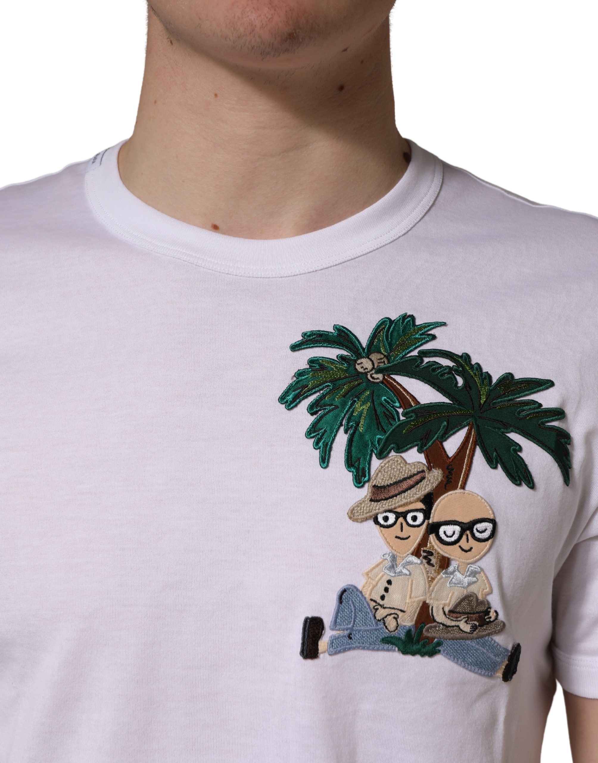 Dolce & Gabbana White Palm Embroidered Men Crew Neck T-shirt - Image 5