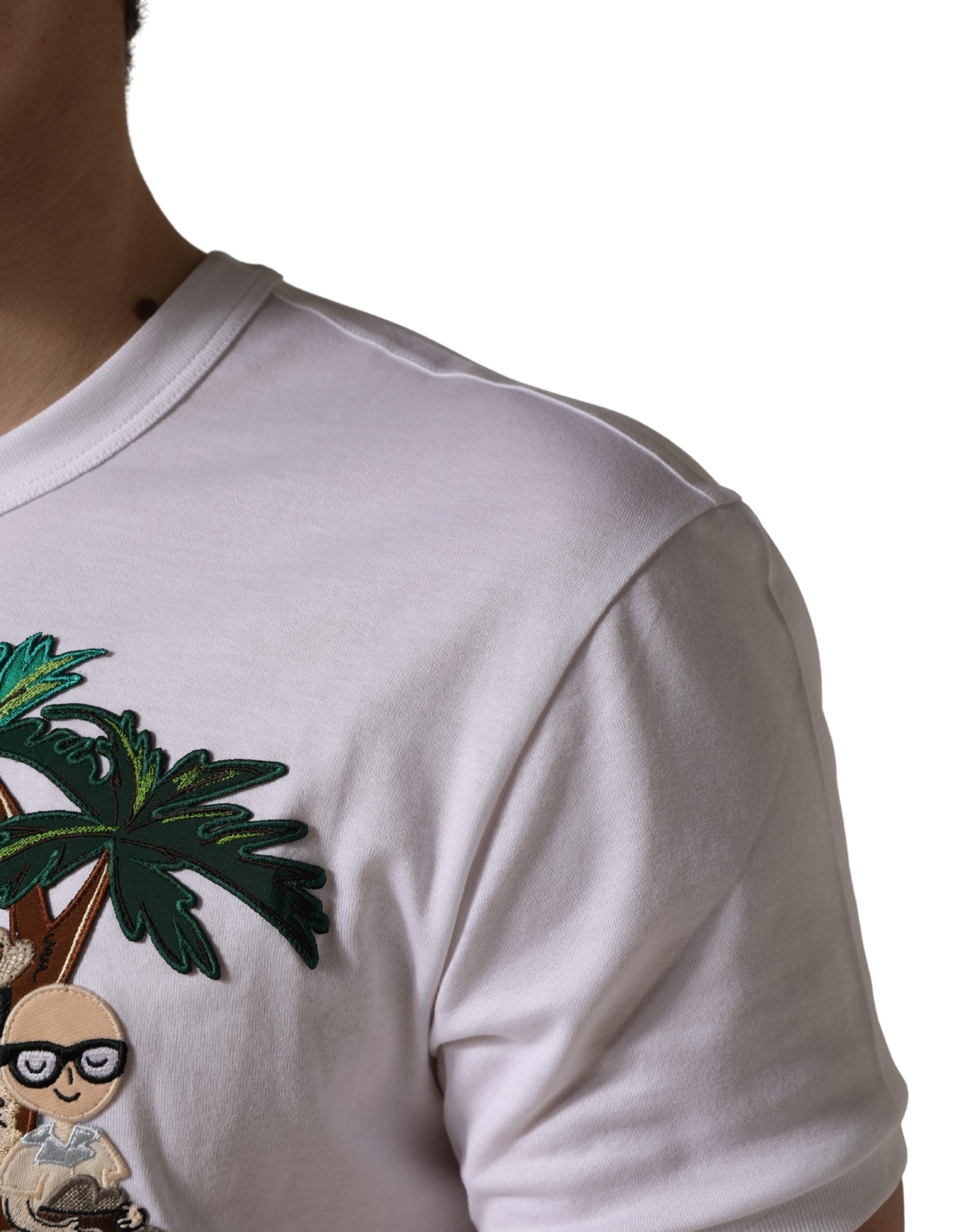 Dolce & Gabbana White Palm Embroidered Men Crew Neck T-shirt - Image 6