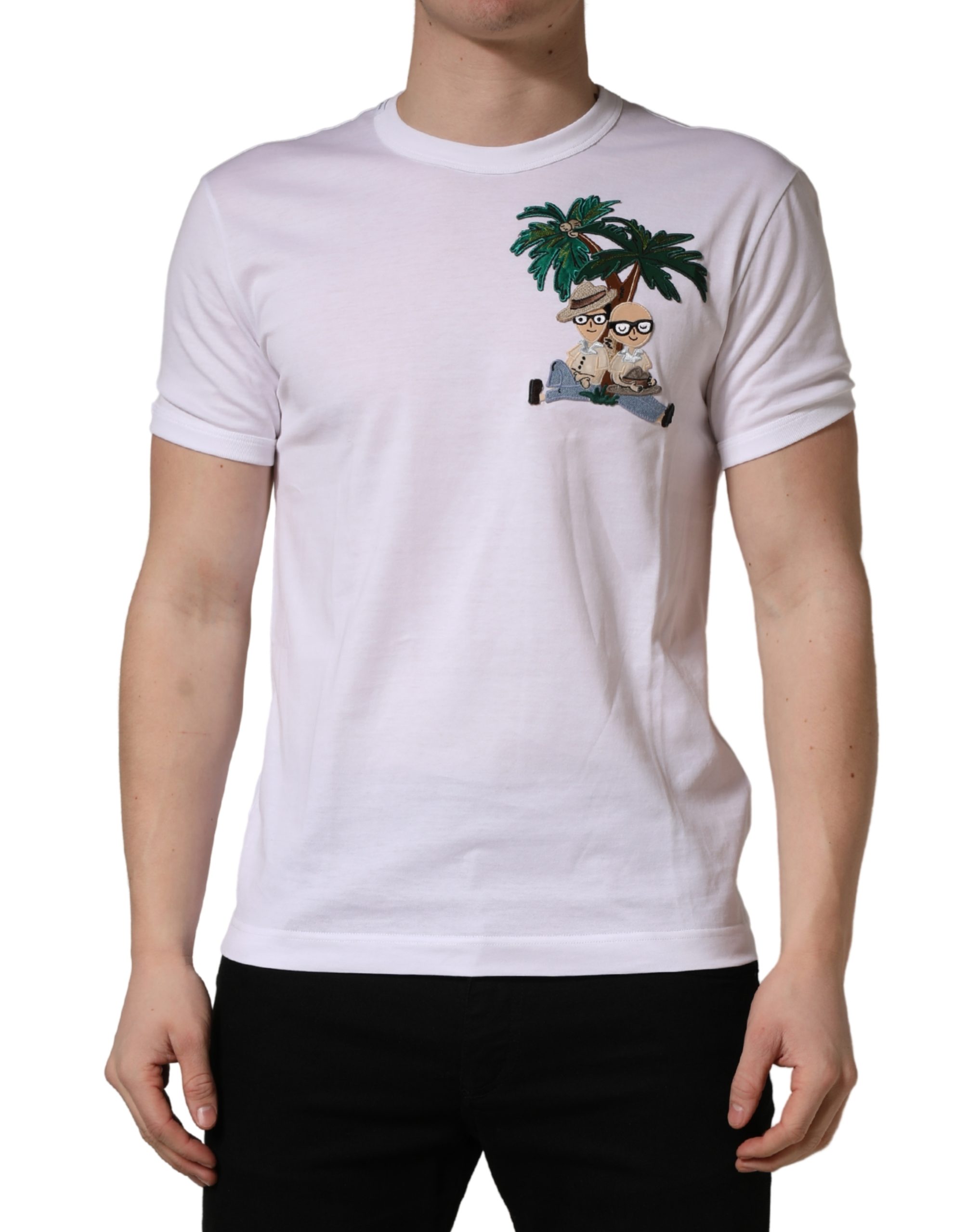 Dolce & Gabbana White Palm Embroidered Men Crew Neck T-shirt - Image 2