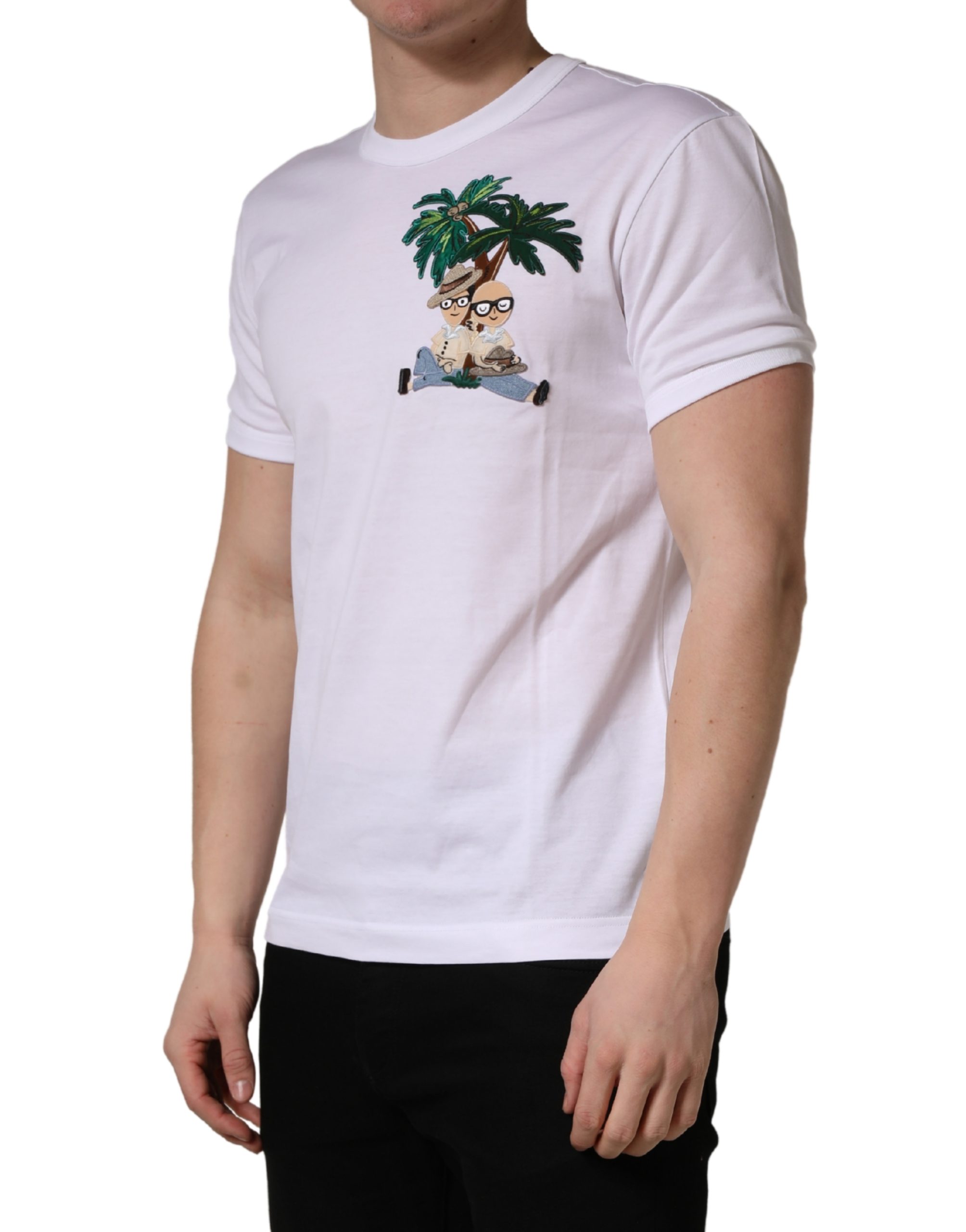 Dolce & Gabbana White Palm Embroidered Men Crew Neck T-shirt - Image 3