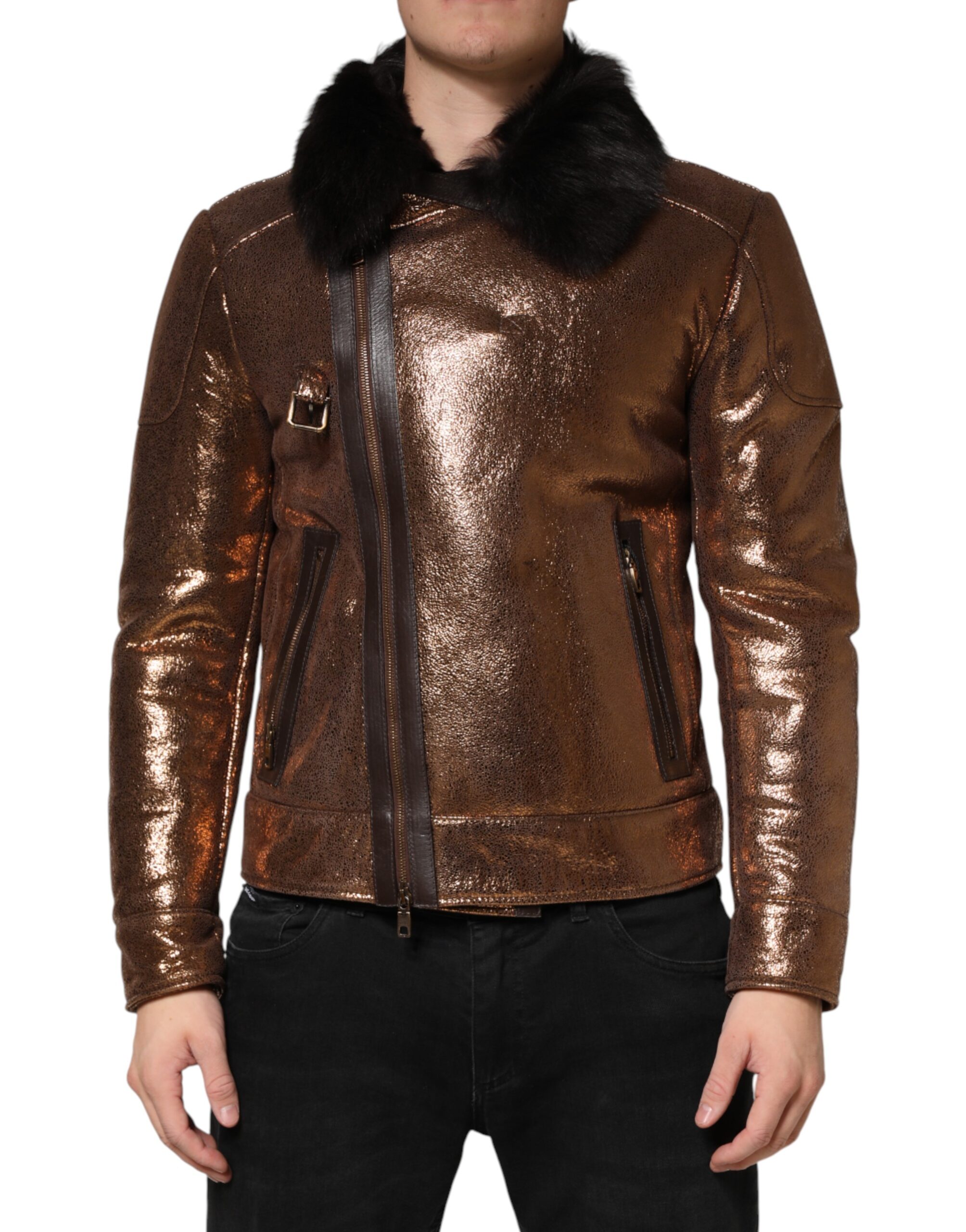Dolce & Gabbana Bronze Leather Fur Full Zip Men Biker Jacket - Image 2