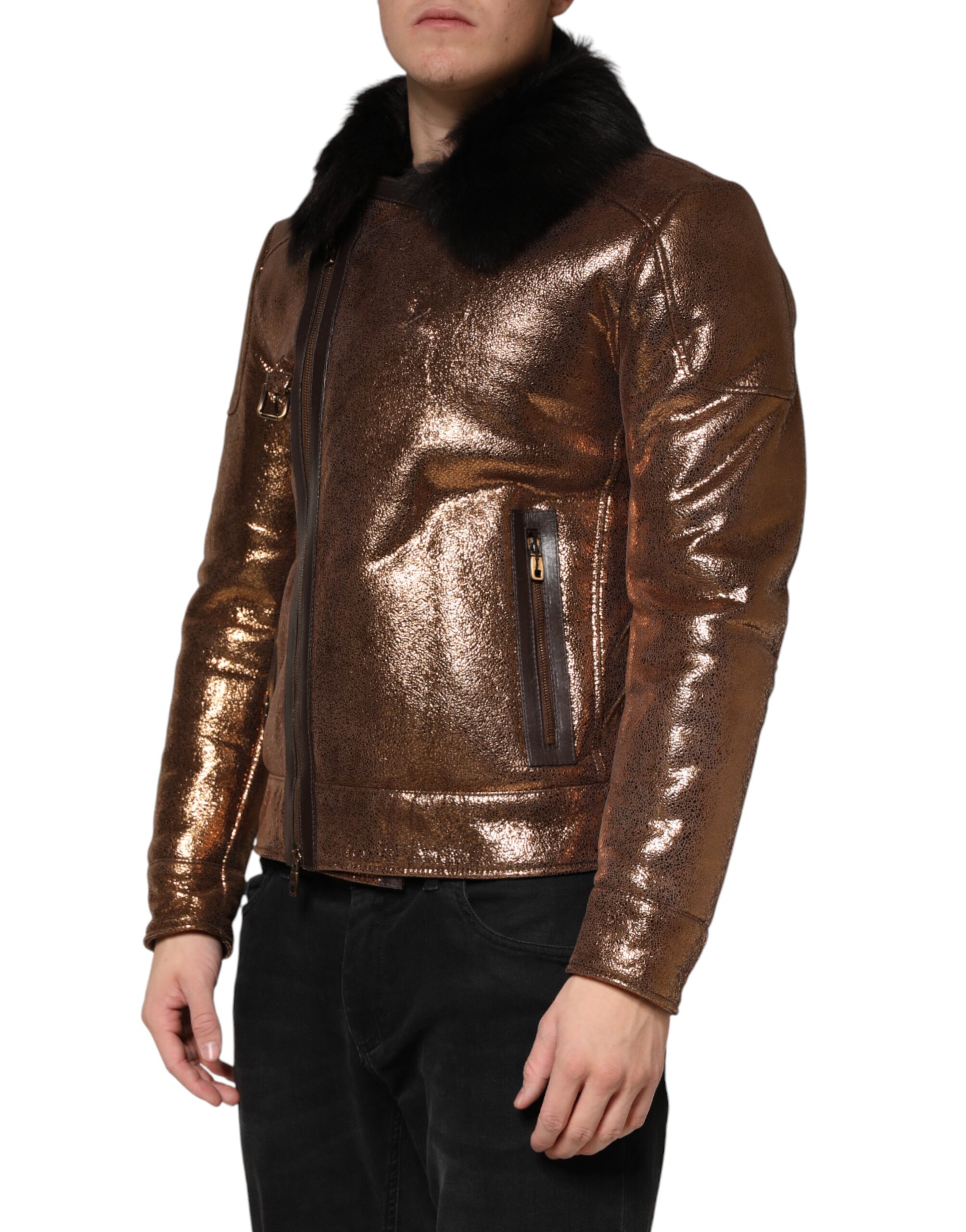 Dolce & Gabbana Bronze Leather Fur Full Zip Men Biker Jacket - Image 3