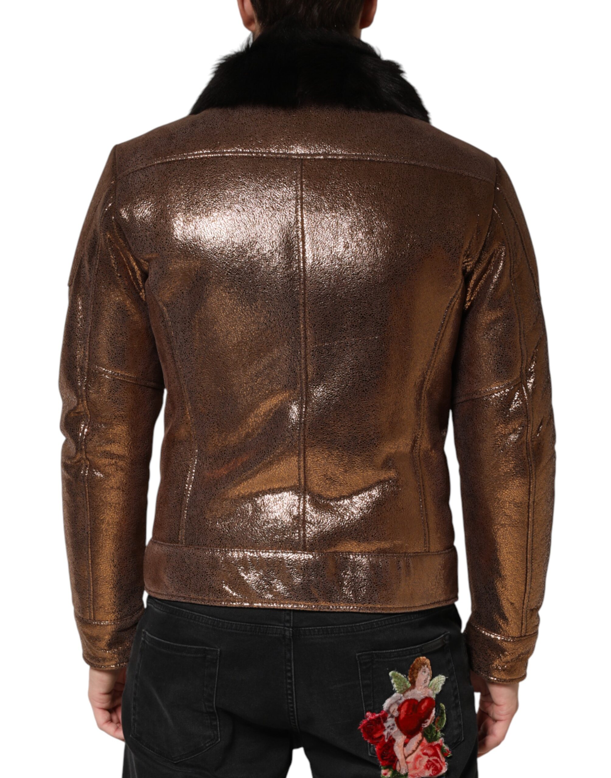 Dolce & Gabbana Bronze Leather Fur Full Zip Men Biker Jacket - Image 4