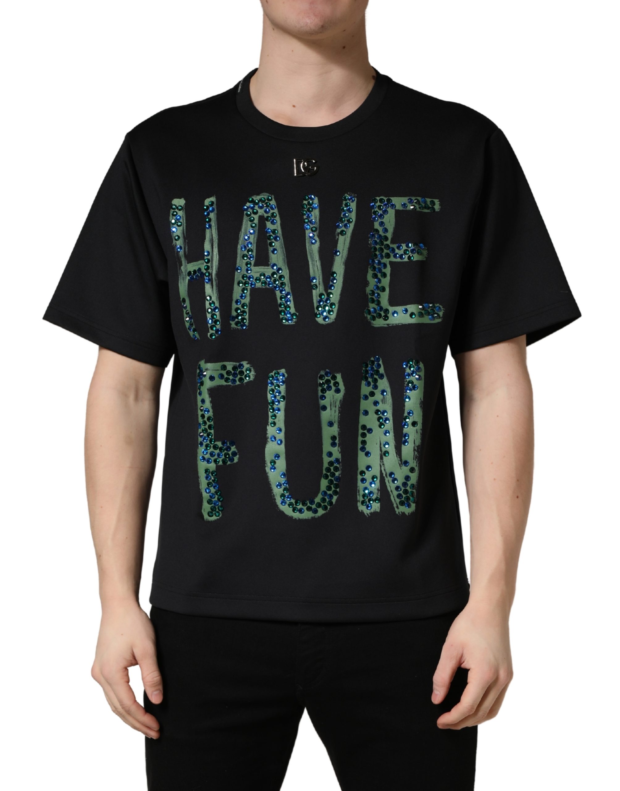 Dolce & Gabbana Black Have Fun Embellished Crew Neck T-shirt - Image 2