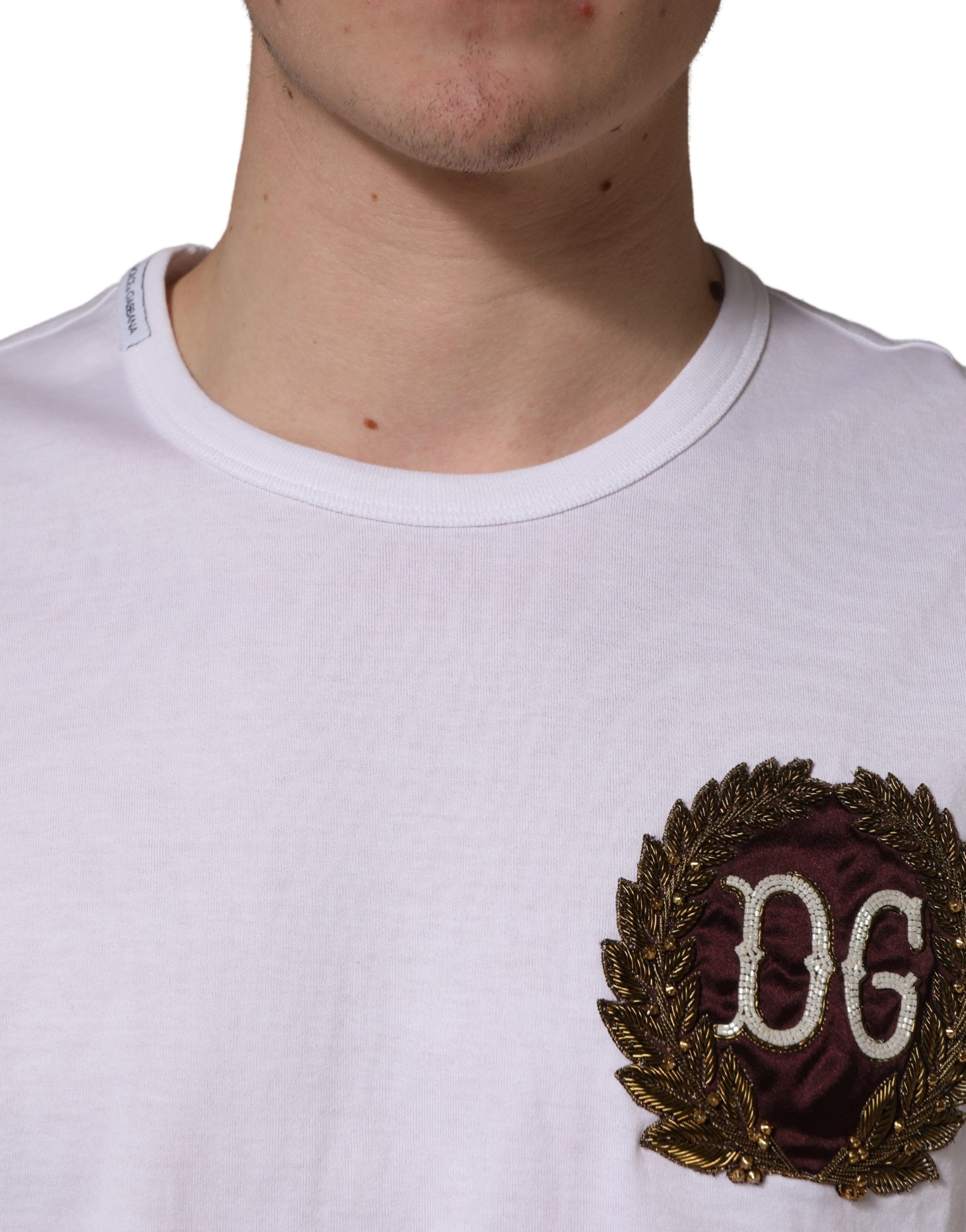 Dolce & Gabbana White DG Leaf Embroidery Crew Neck T-shirt - Image 5