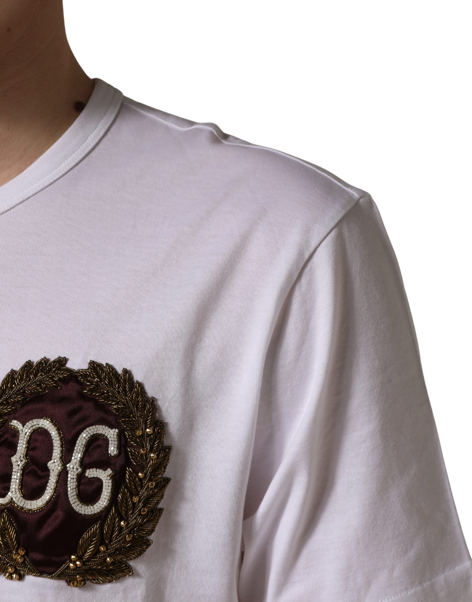 Dolce & Gabbana White DG Leaf Embroidery Crew Neck T-shirt - Image 6