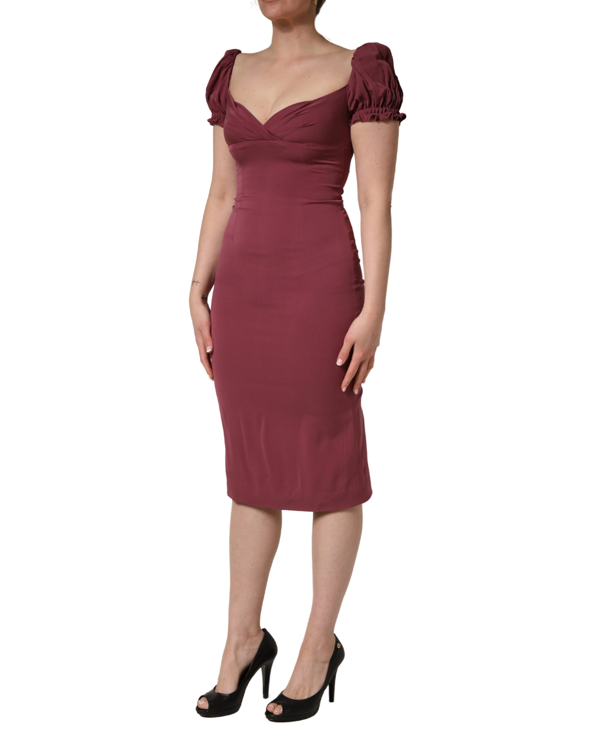 Dolce & Gabbana Maroon Silk Sweetheart Sheath Midi Dress - Image 3