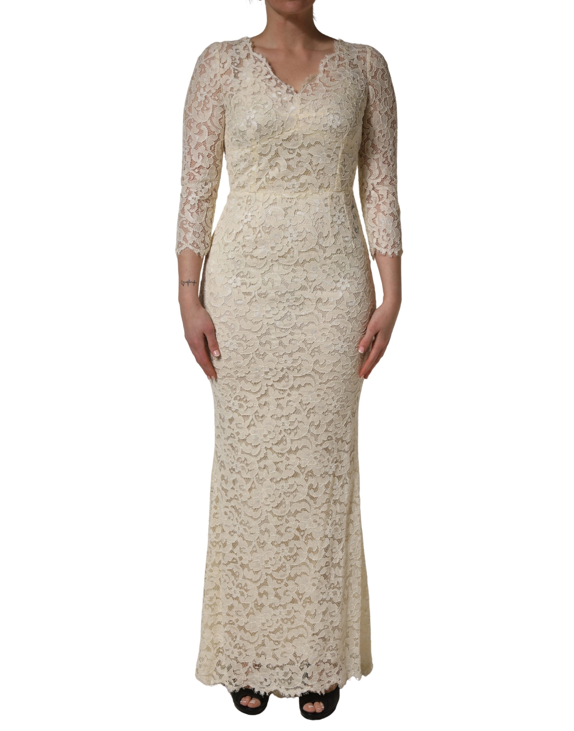 Dolce & Gabbana Off White Floral Lace Sheath Maxi Dress - Image 2