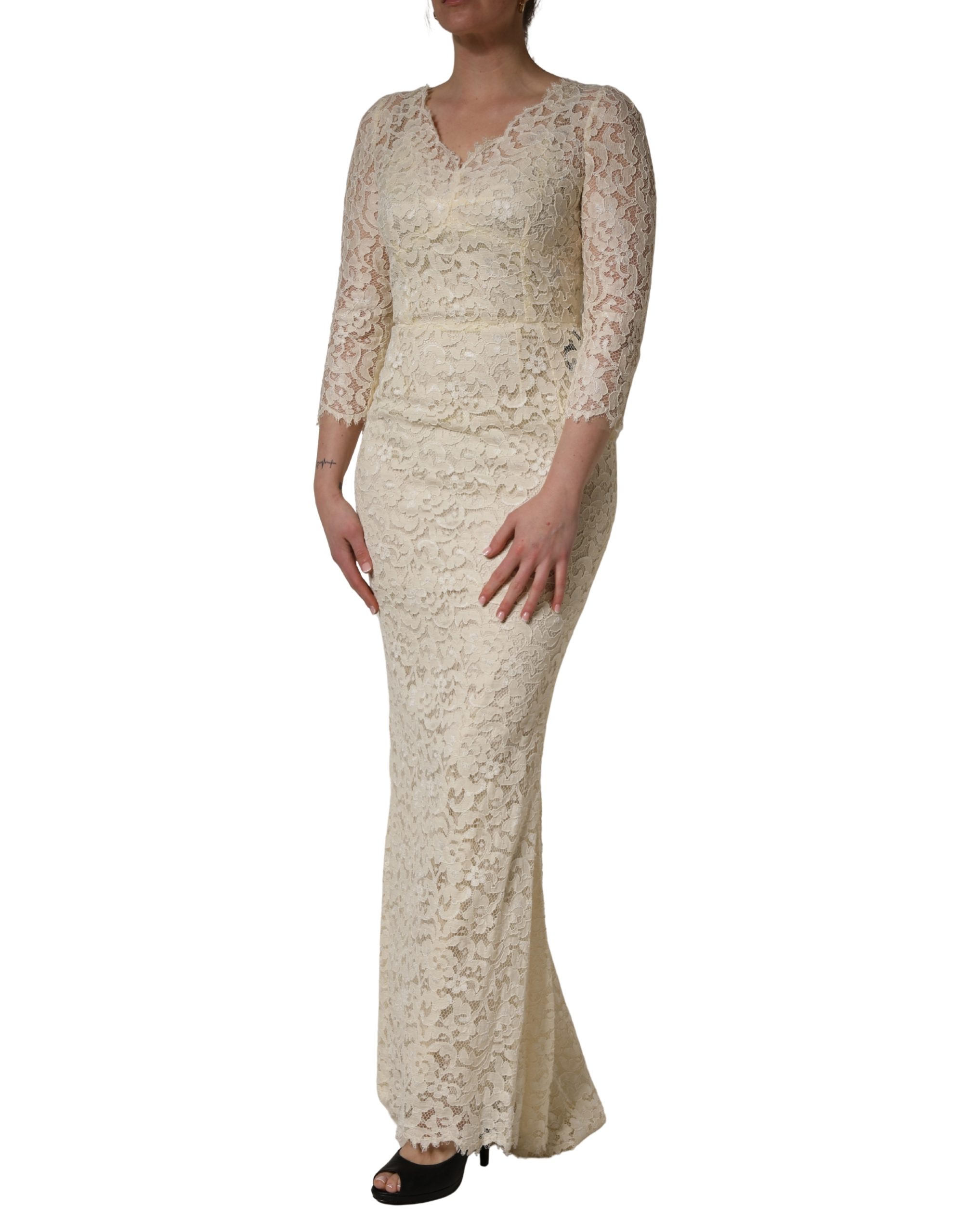 Dolce & Gabbana Off White Floral Lace Sheath Maxi Dress - Image 3