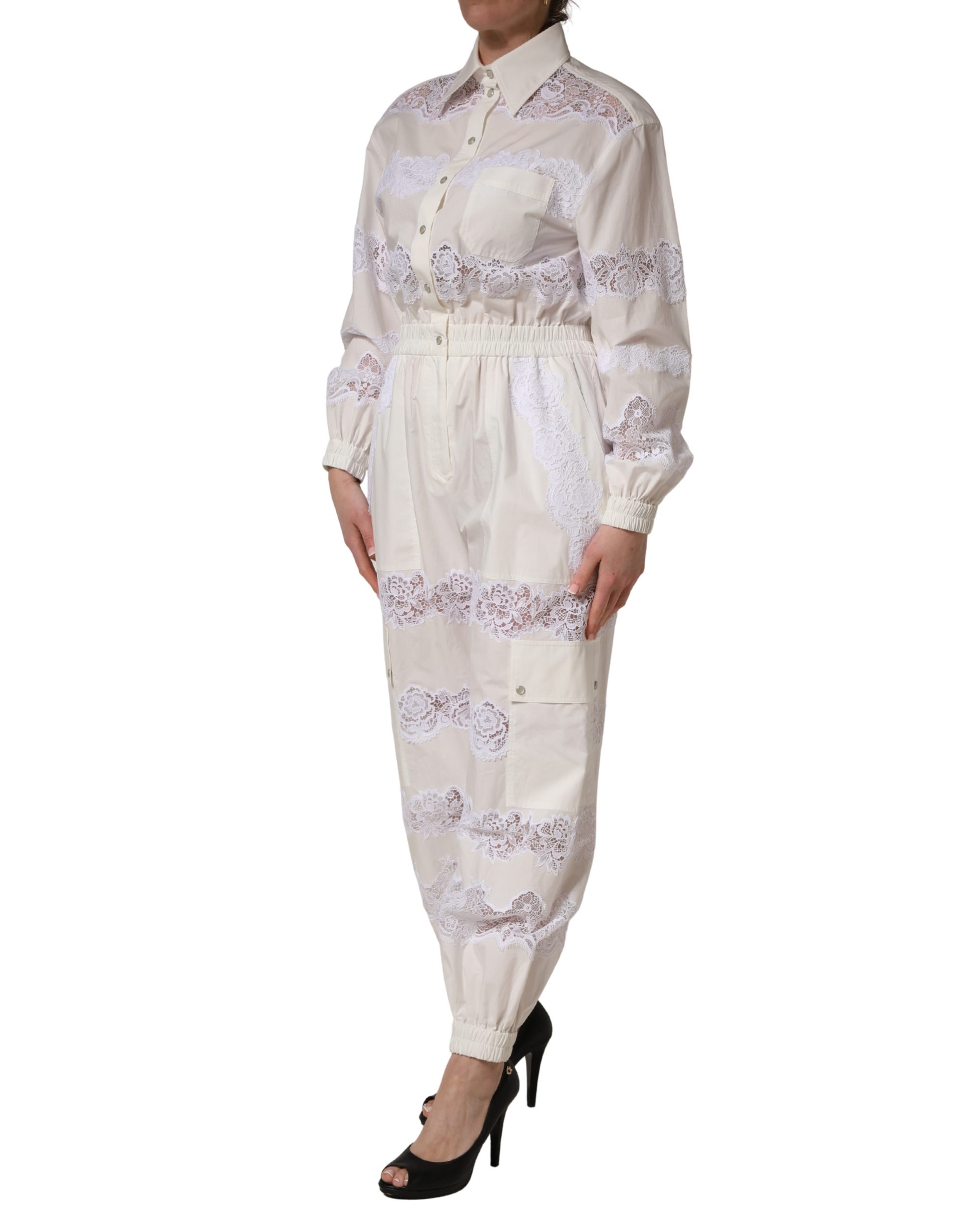 Dolce & Gabbana White Cotton Lace Trim Long Sleeves Jumpsuit - Image 3