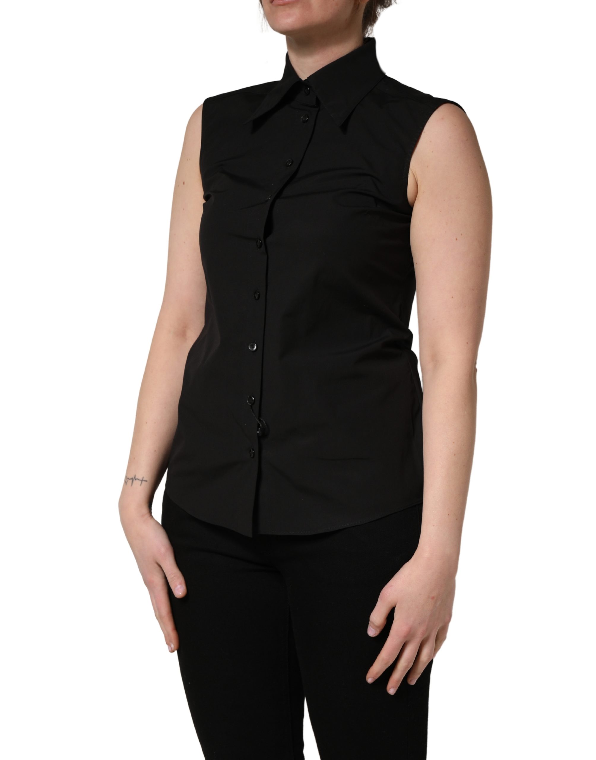 Dolce & Gabbana Black Cotton Sleeveless Collared Blouse Top - Image 3