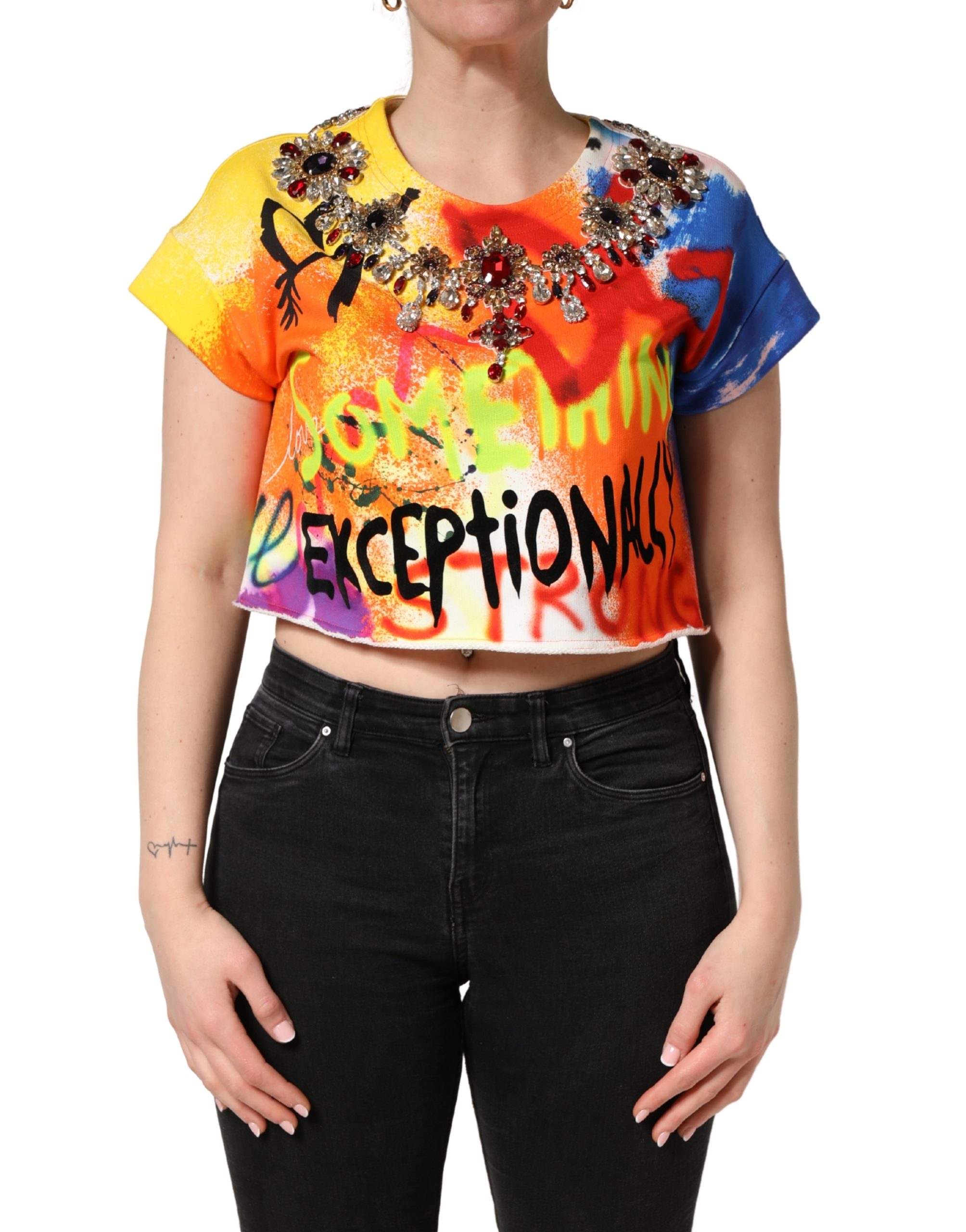 Dolce & Gabbana Multicolor Graffiti Crystals Crop Jersey Top - Image 2