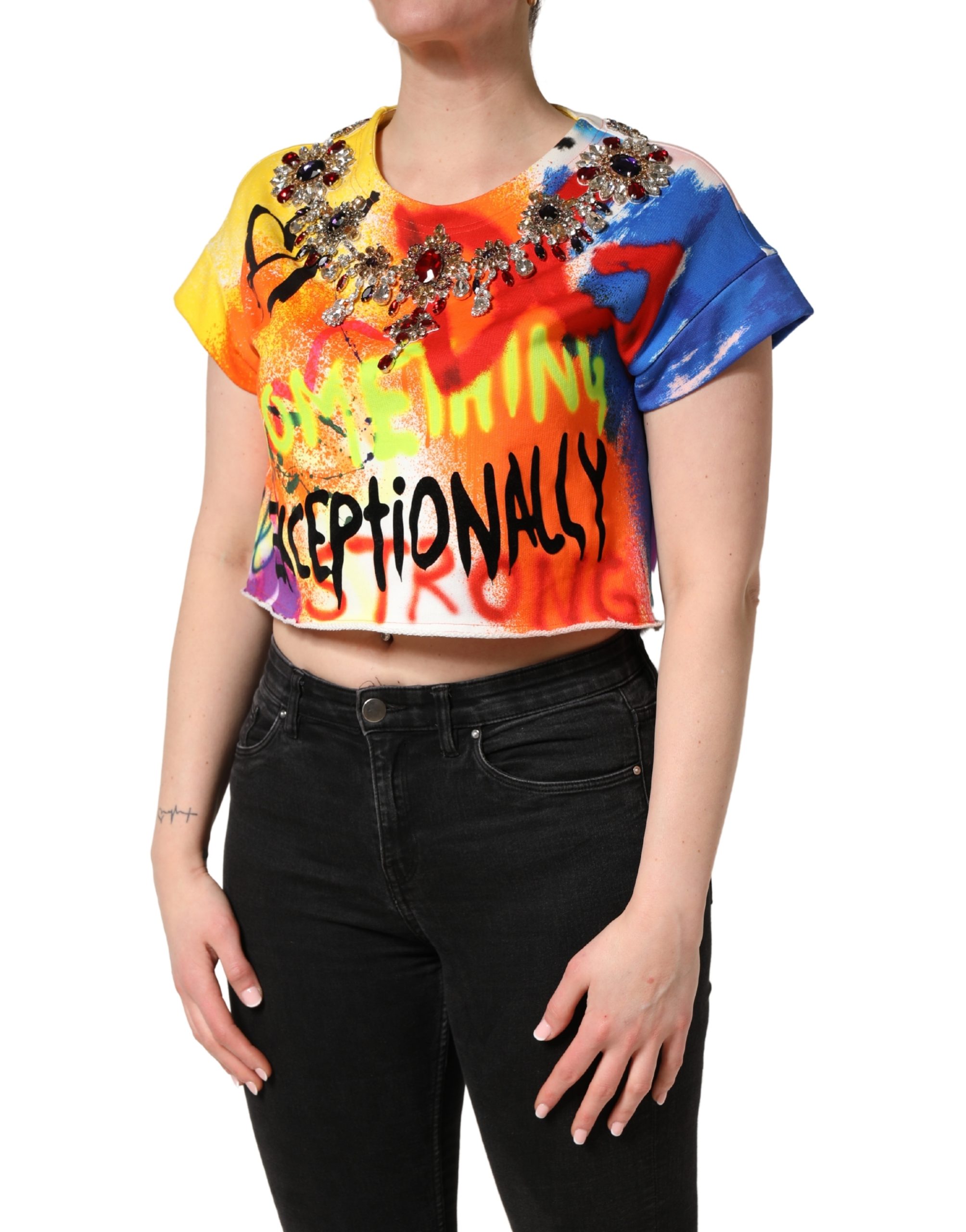 Dolce & Gabbana Multicolor Graffiti Crystals Crop Jersey Top - Image 3