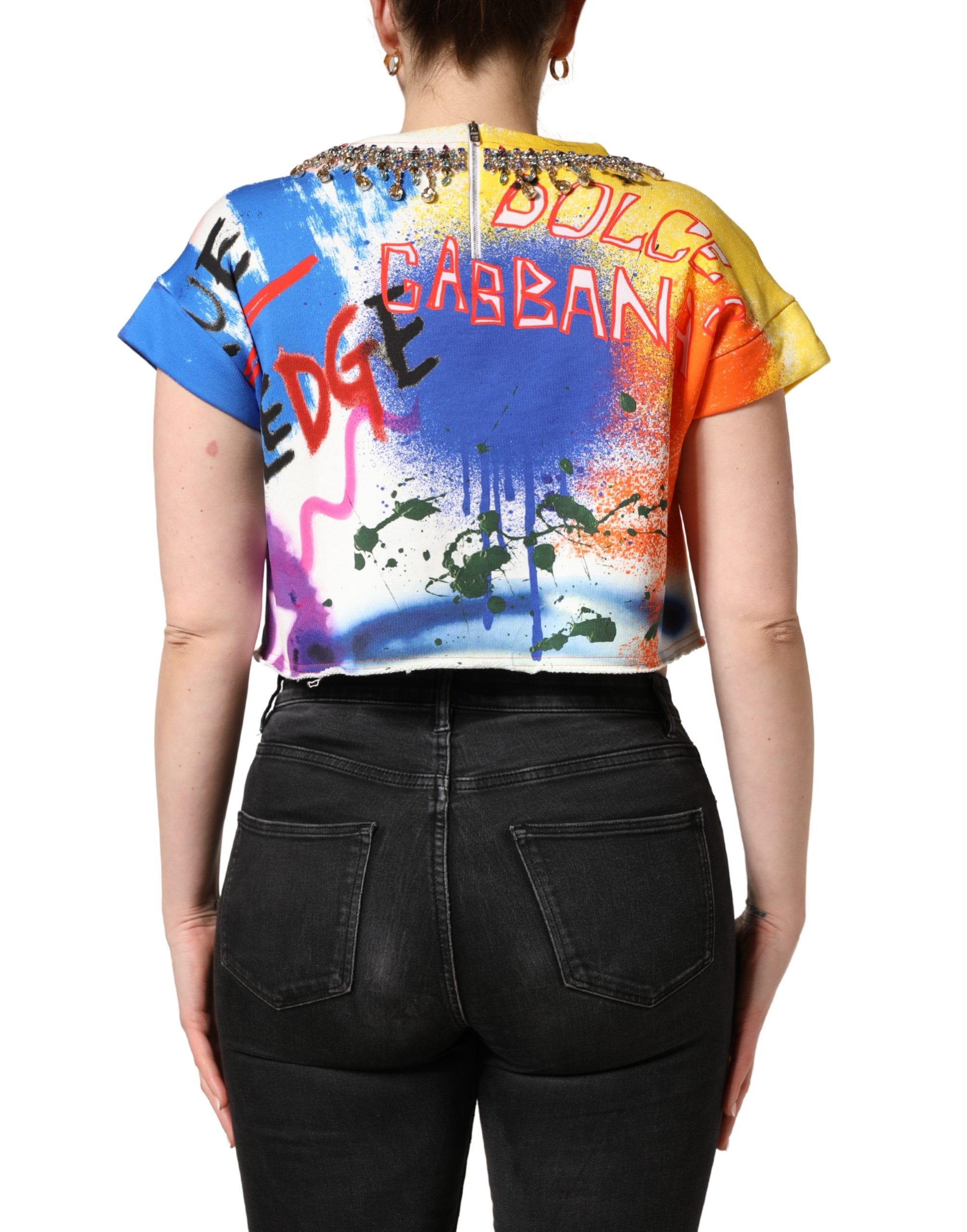 Dolce & Gabbana Multicolor Graffiti Crystals Crop Jersey Top - Image 4