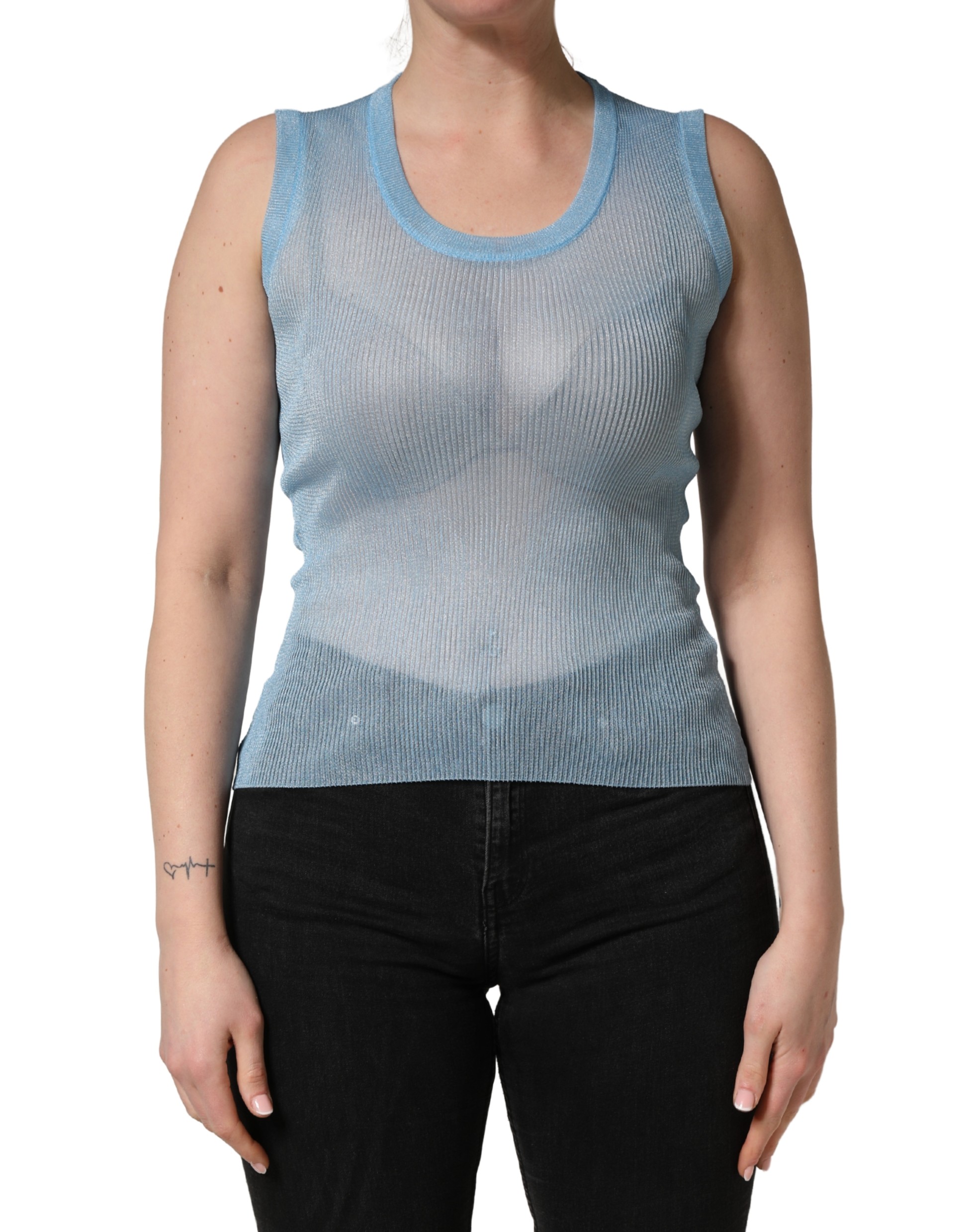 Dolce & Gabbana Blue Semi Sheer Ribbed Sleeveless Tank Top - Image 2