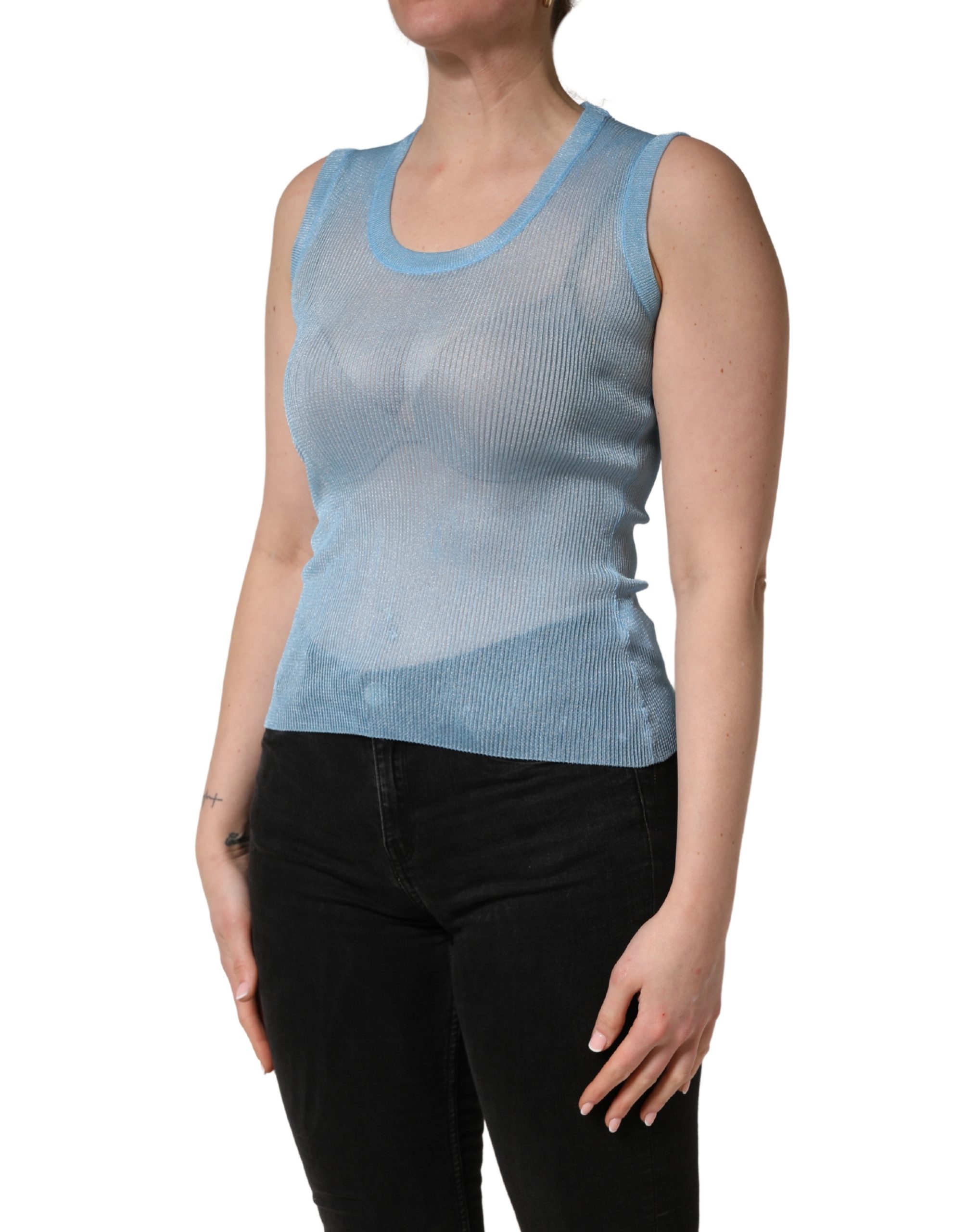 Dolce & Gabbana Blue Semi Sheer Ribbed Sleeveless Tank Top - Image 3