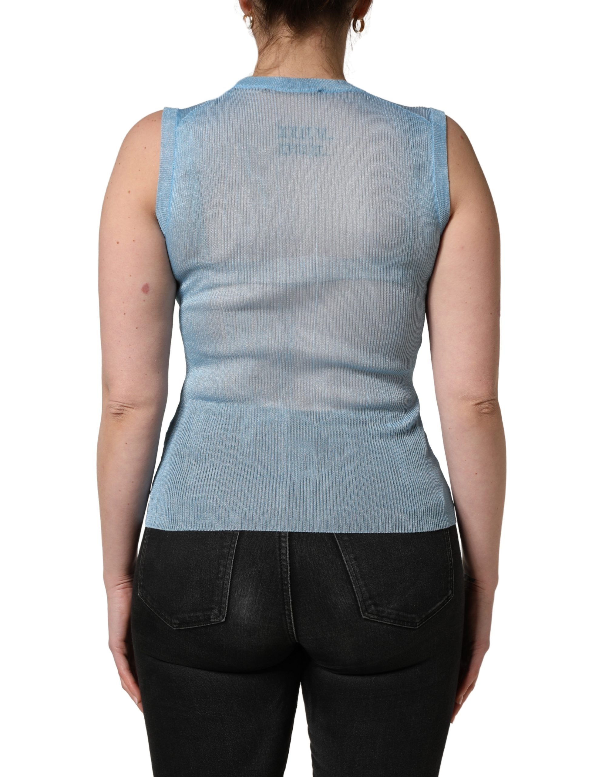 Dolce & Gabbana Blue Semi Sheer Ribbed Sleeveless Tank Top - Image 4