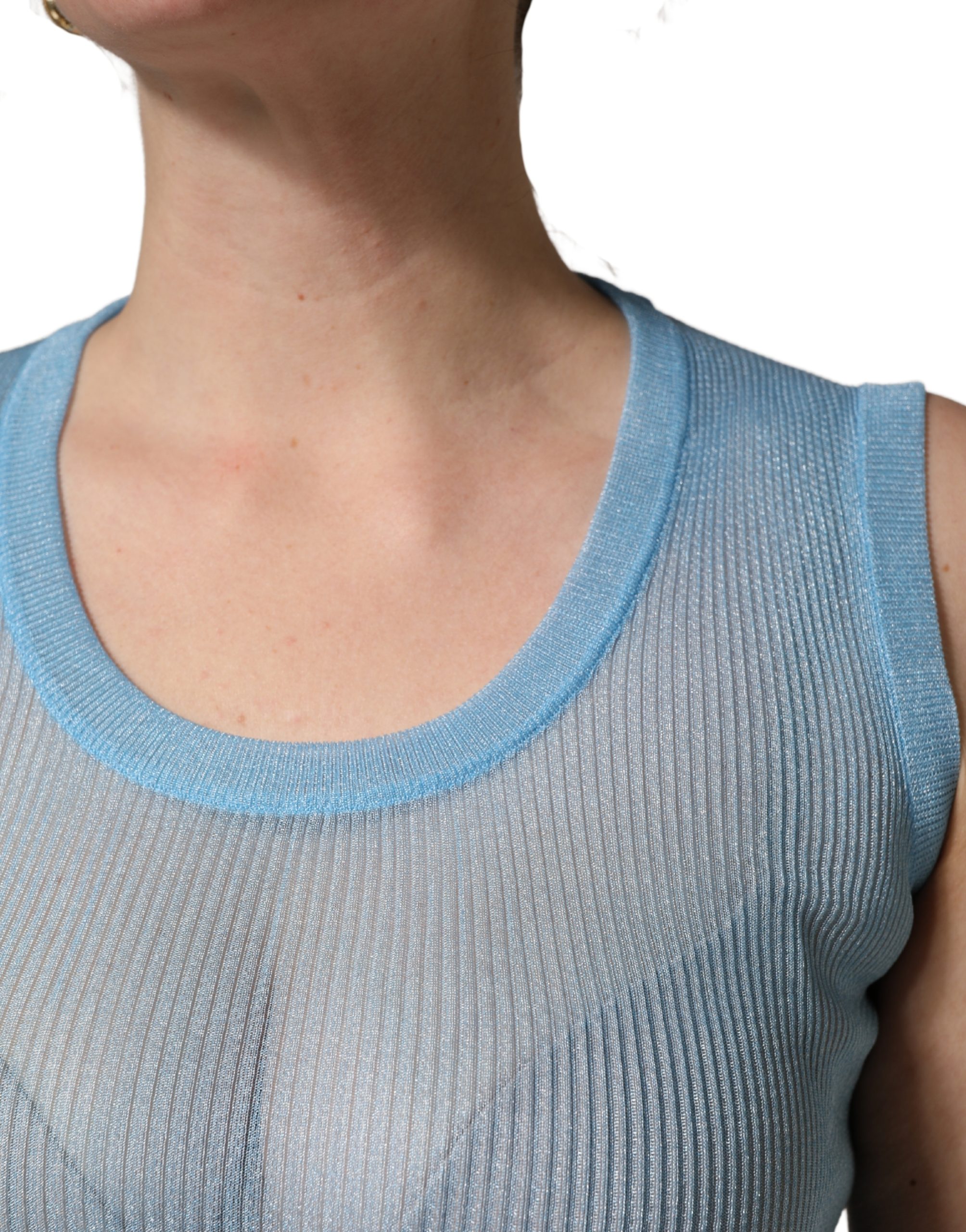 Dolce & Gabbana Blue Semi Sheer Ribbed Sleeveless Tank Top - Image 5