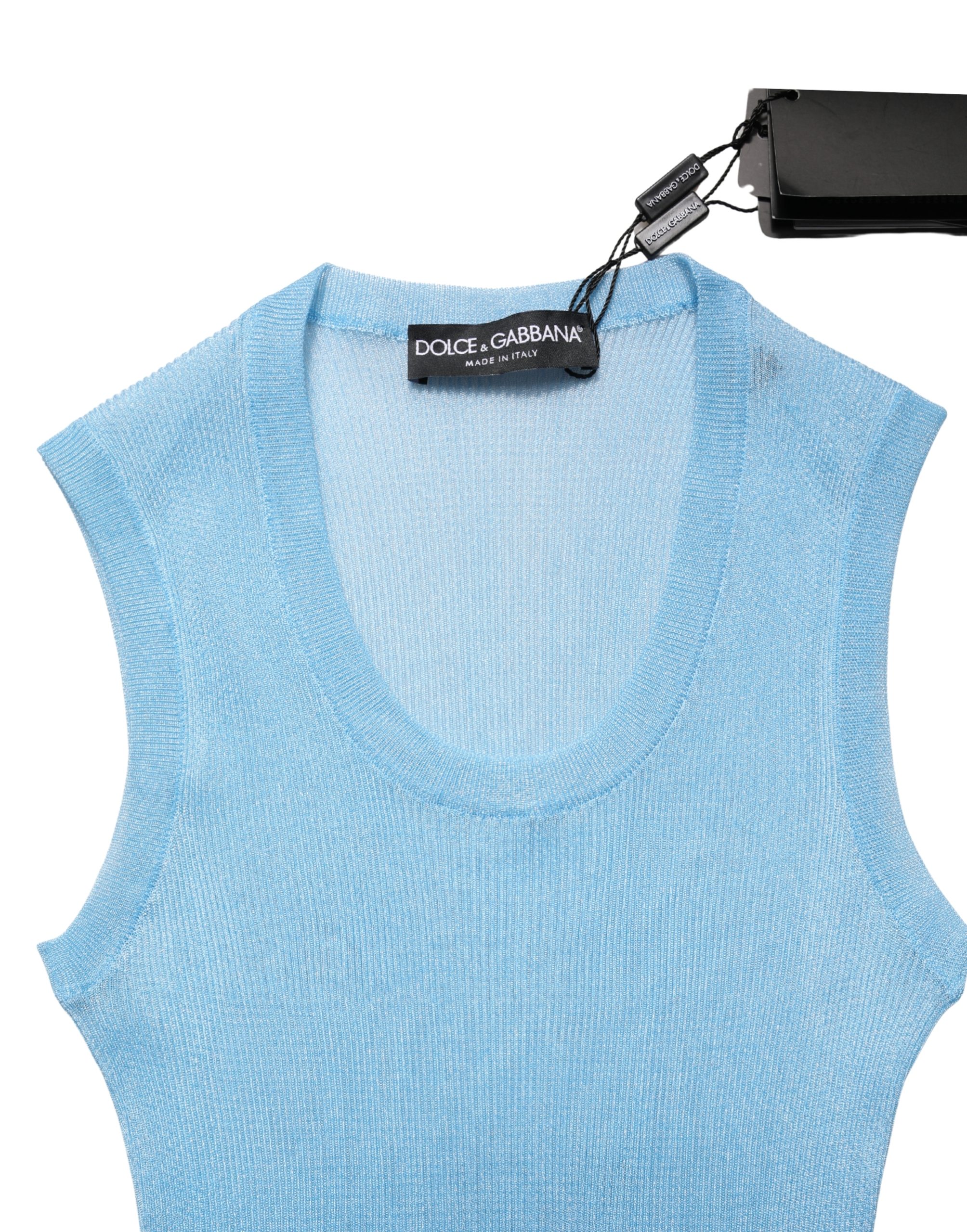 Dolce & Gabbana Blue Semi Sheer Ribbed Sleeveless Tank Top - Image 6
