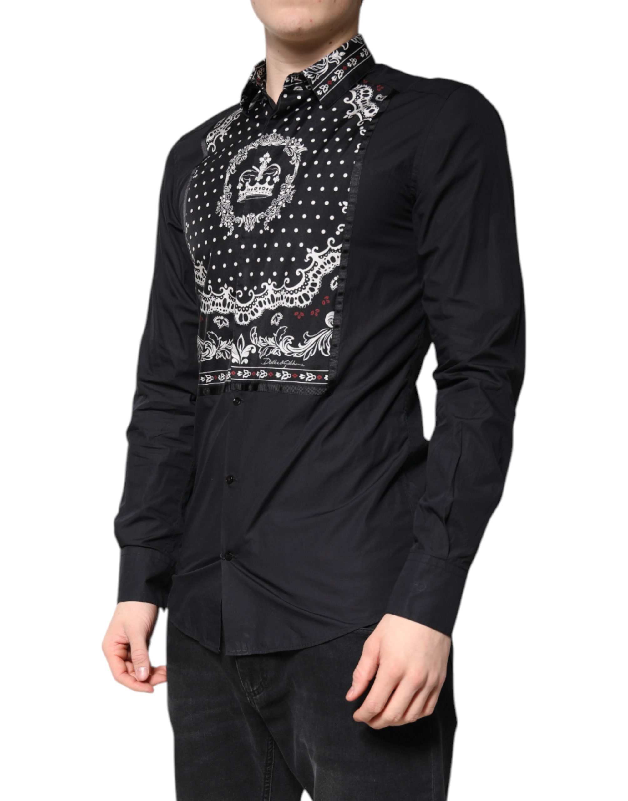 Dolce & Gabbana Black White Bandana GOLD Formal Dress Shirt - Image 3