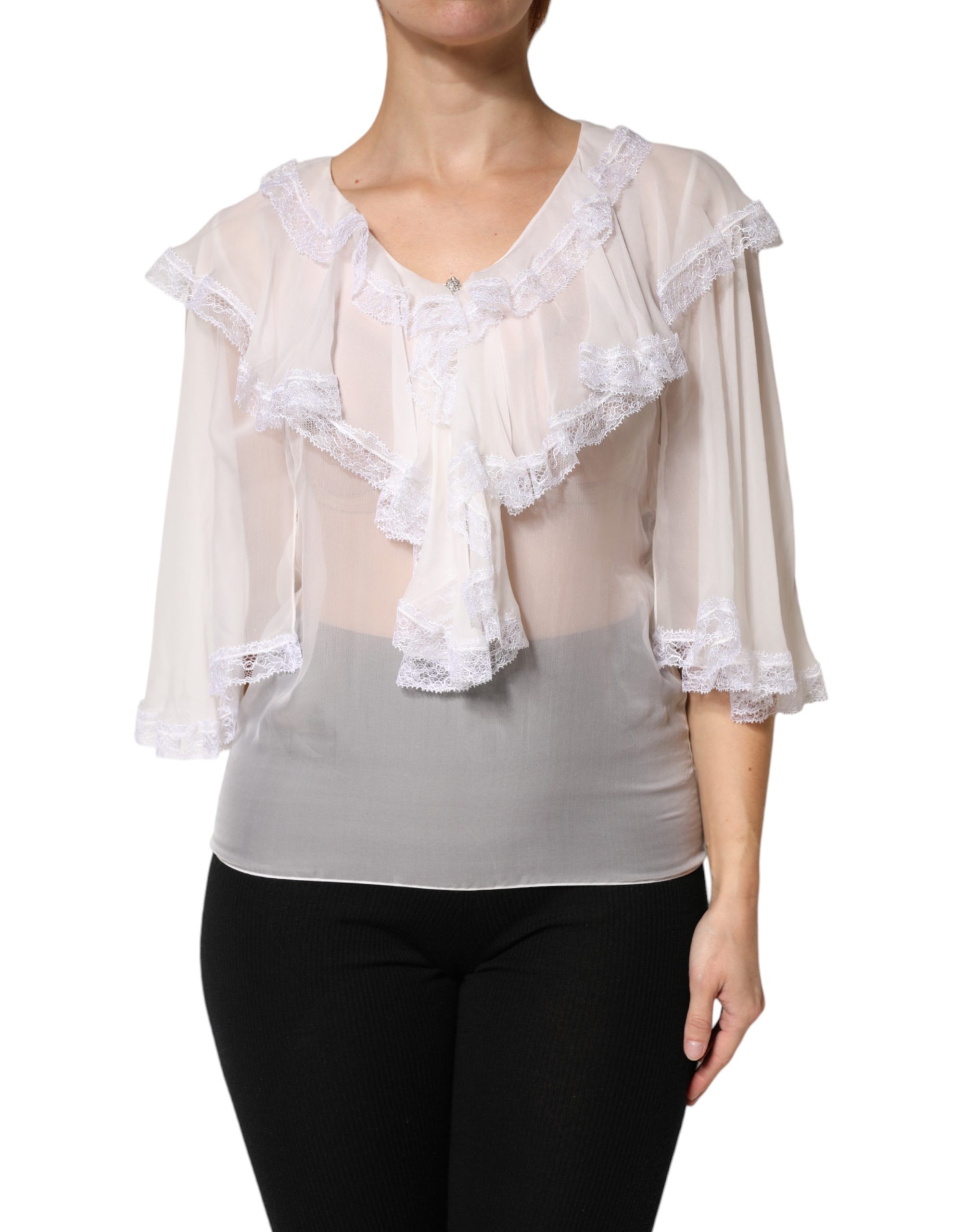 Dolce & Gabbana White LongSleeve Lace Trim Ruffled Blouse Top - Image 2