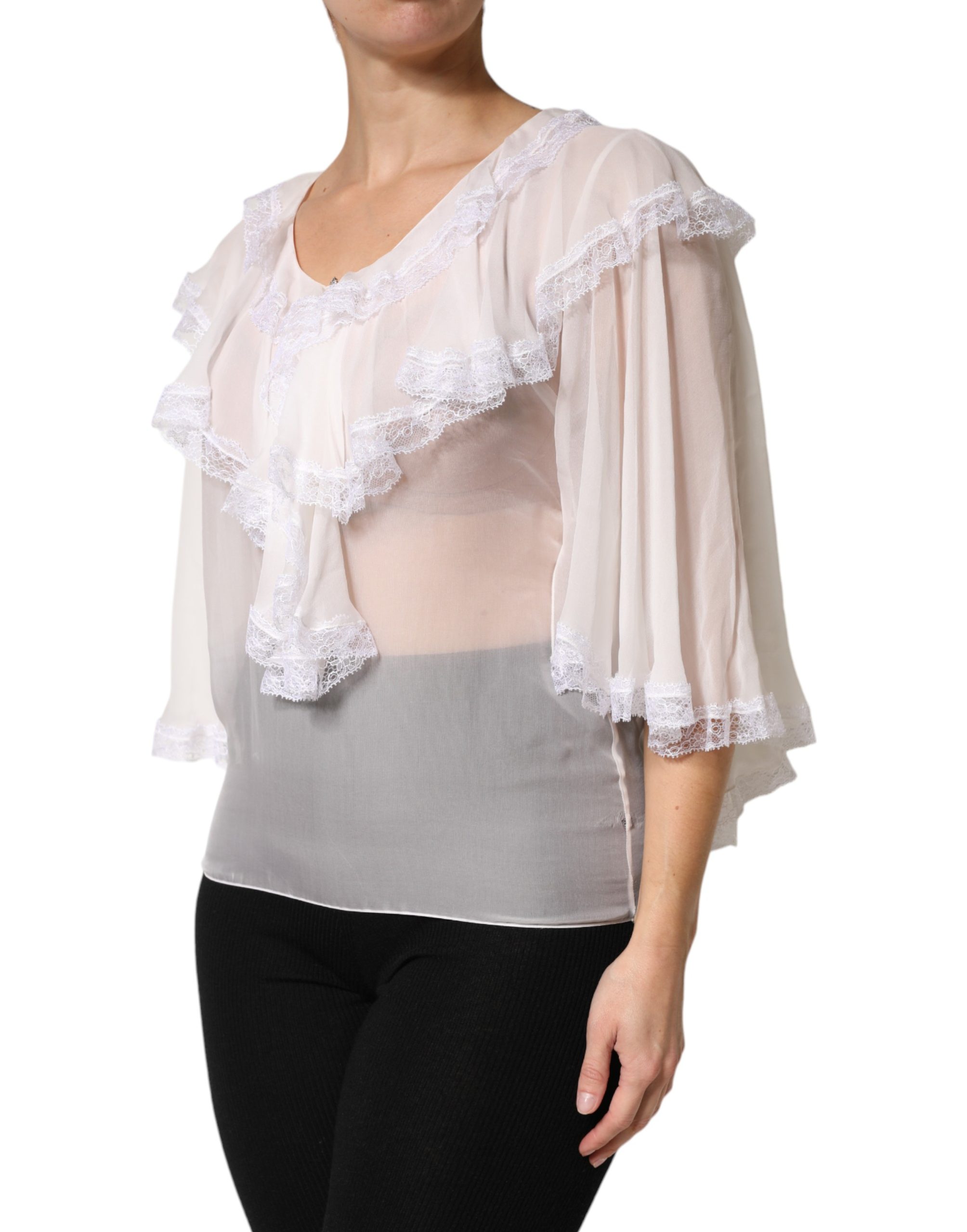 Dolce & Gabbana White LongSleeve Lace Trim Ruffled Blouse Top - Image 3