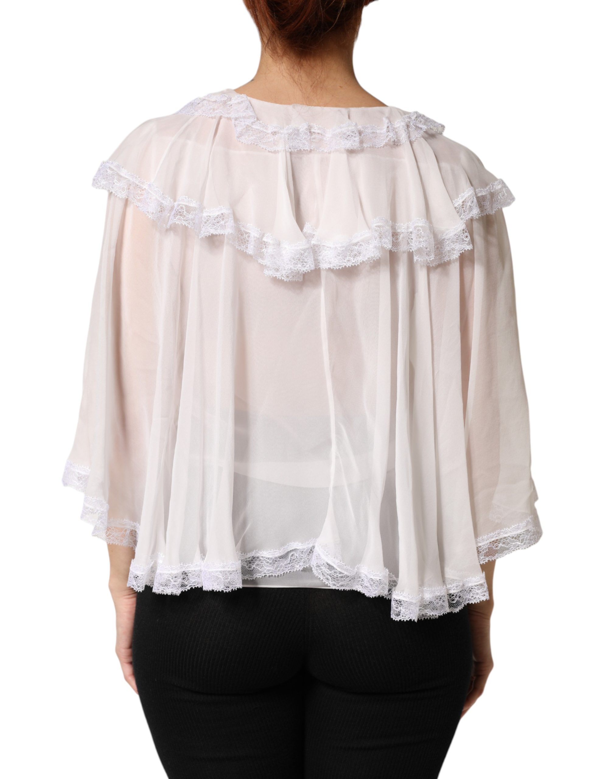Dolce & Gabbana White LongSleeve Lace Trim Ruffled Blouse Top - Image 4