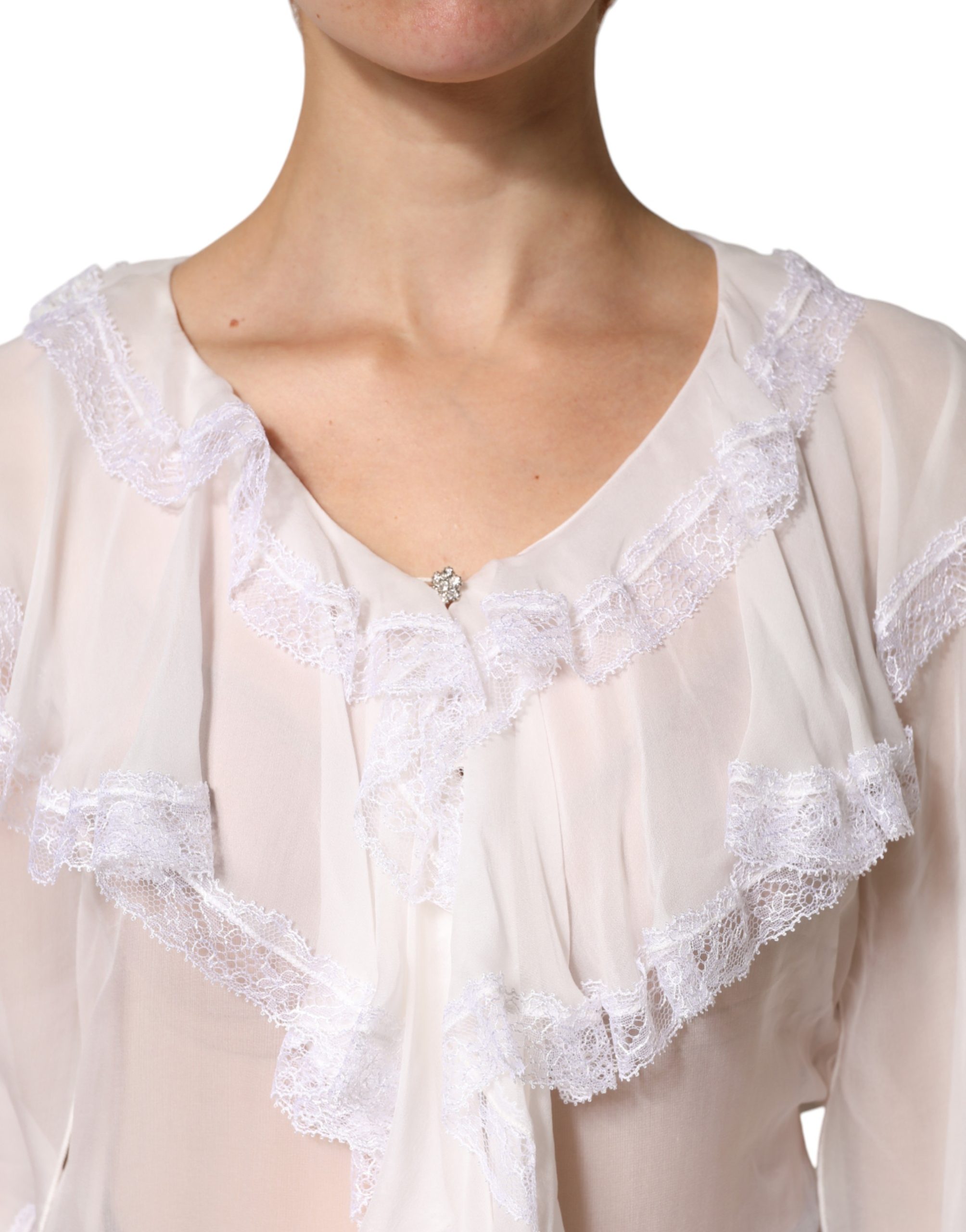 Dolce & Gabbana White LongSleeve Lace Trim Ruffled Blouse Top - Image 5