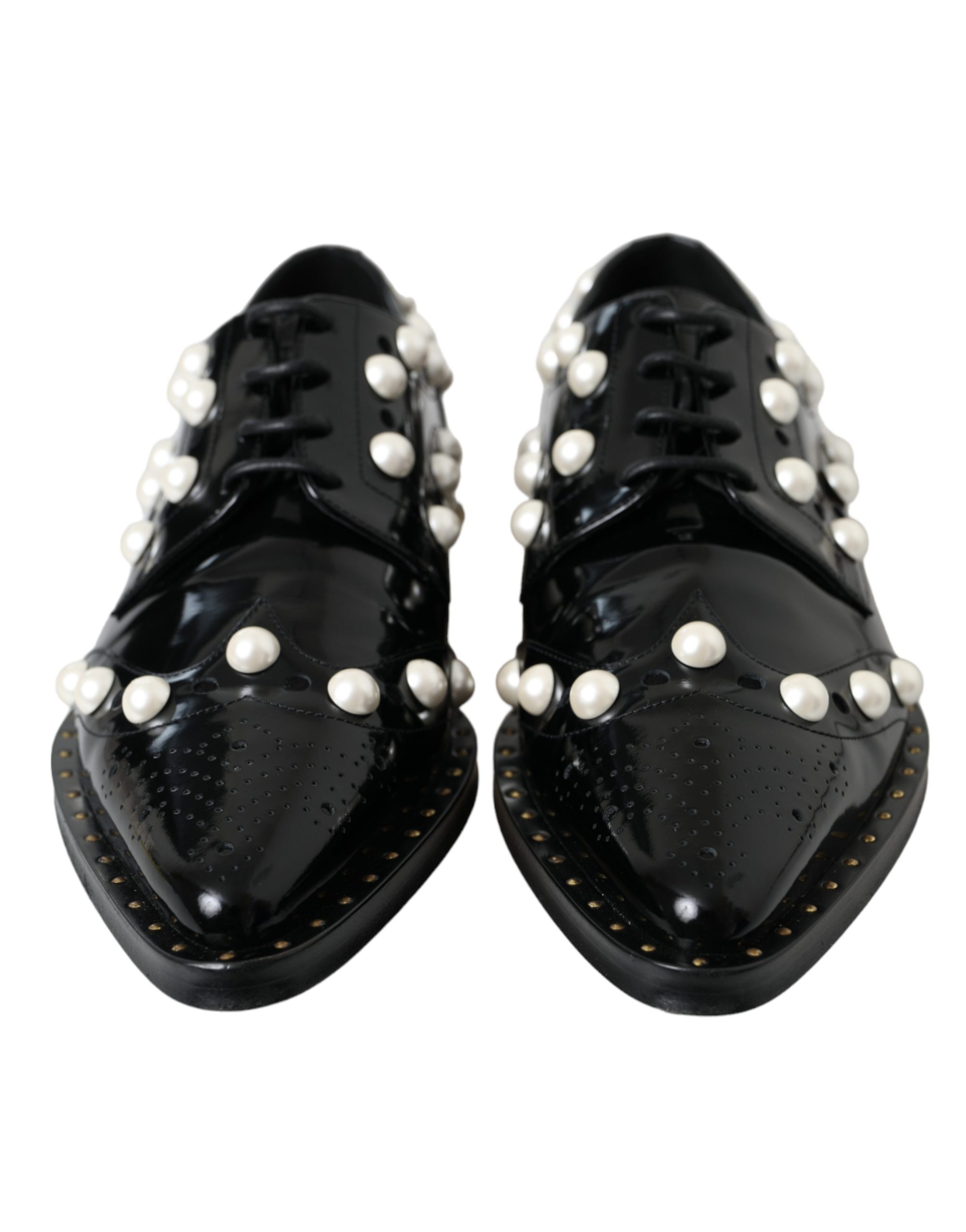 Dolce & Gabbana Black Leather Faux Pearl Dress Brogue Shoes - Image 3