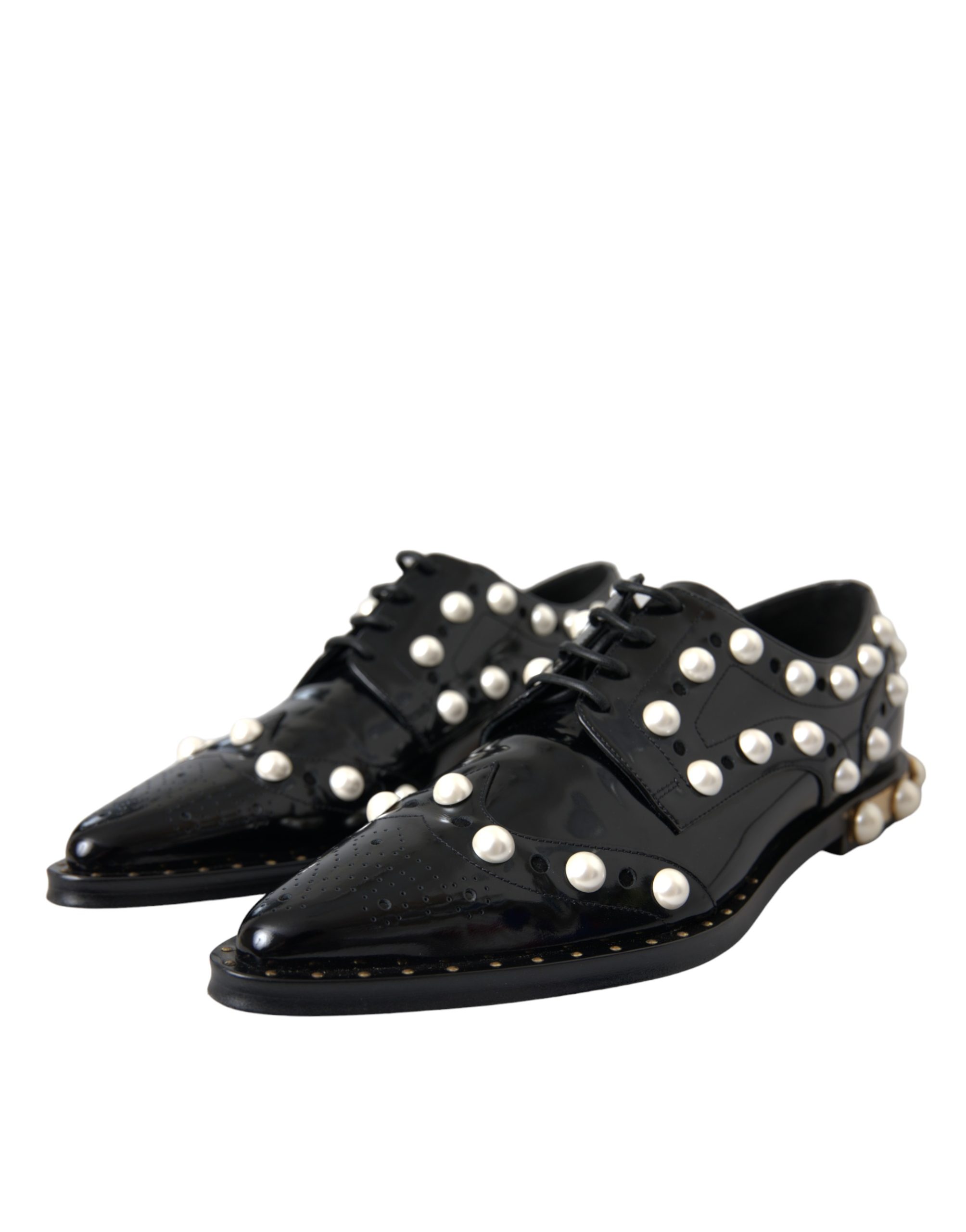 Dolce & Gabbana Black Leather Faux Pearl Dress Brogue Shoes - Image 4
