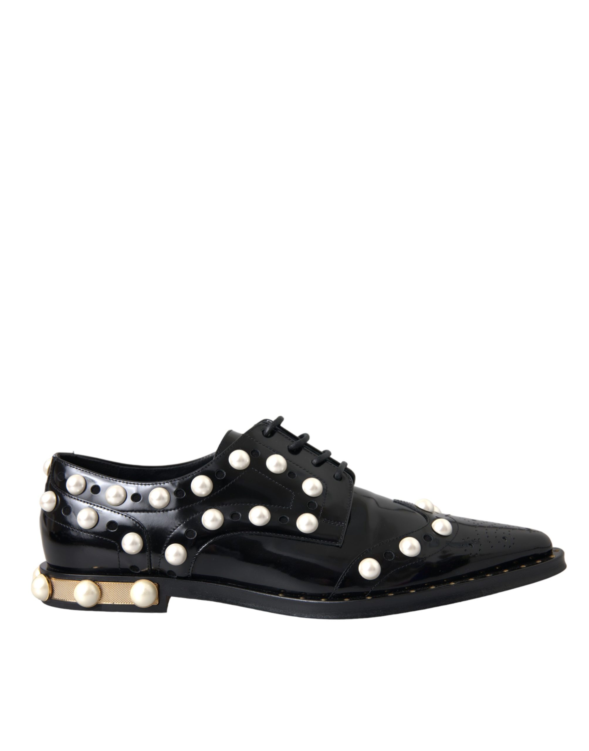 Dolce & Gabbana Black Leather Faux Pearl Dress Brogue Shoes - Image 2