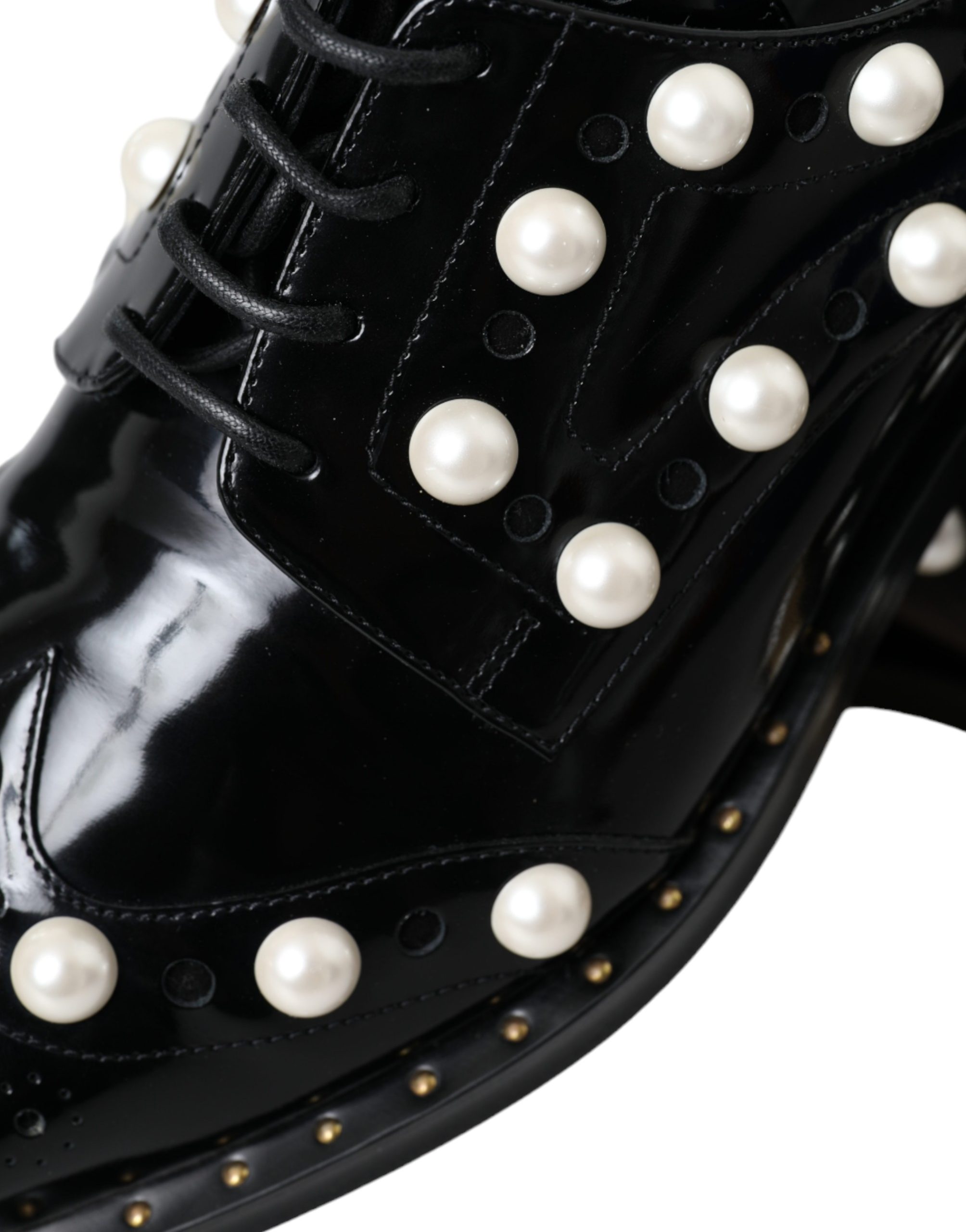 Dolce & Gabbana Black Leather Faux Pearl Dress Brogue Shoes - Image 8