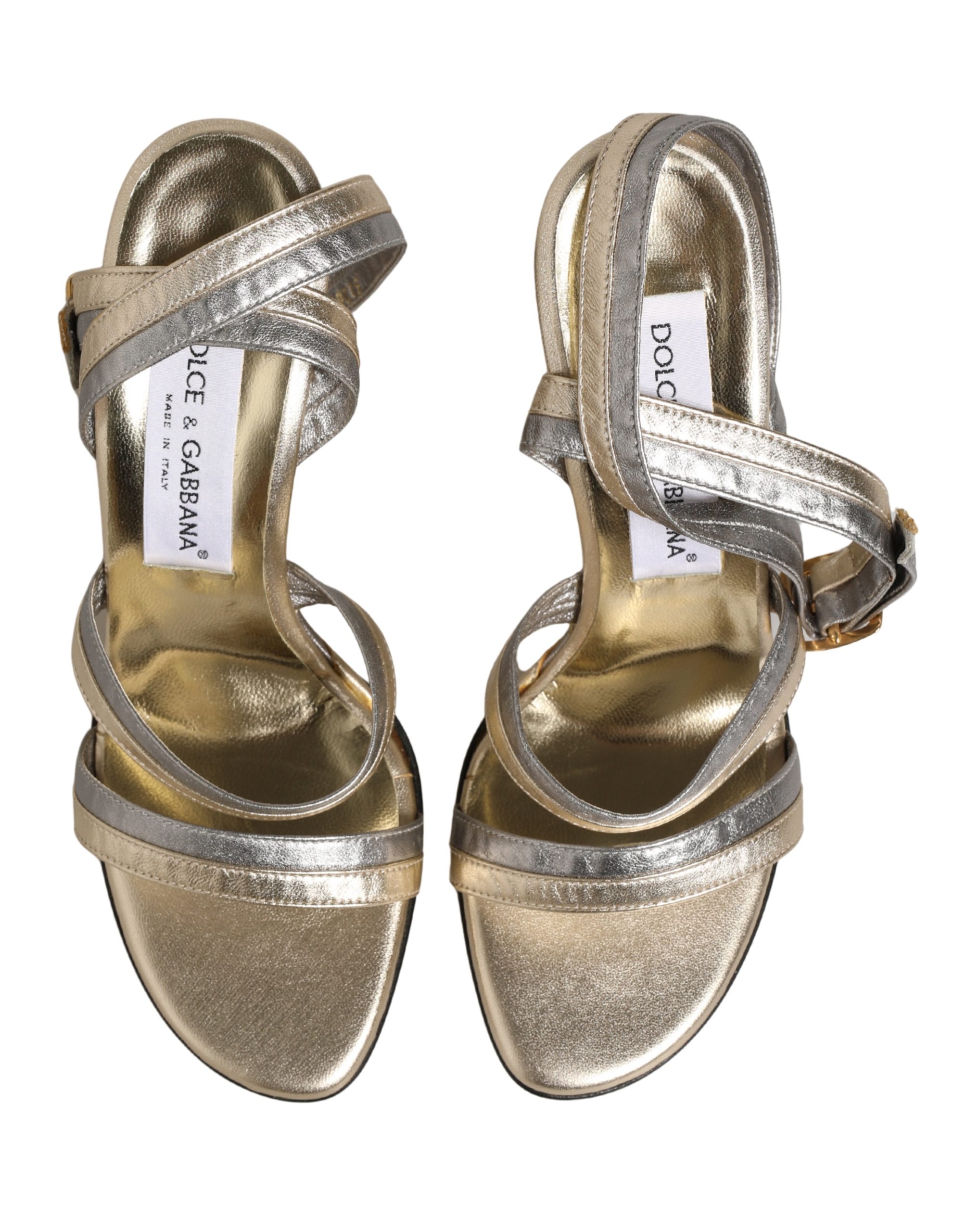 Dolce & Gabbana Gold Silver Leather Wedge Heels Sandals Shoes - Image 7