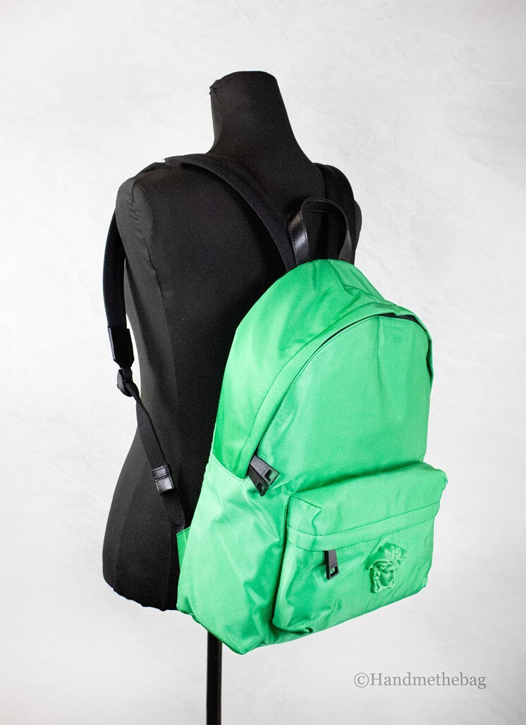 Versace Large Bright Green Nylon Fabric Medusa Shoulder Backpack Bookbag - Image 2