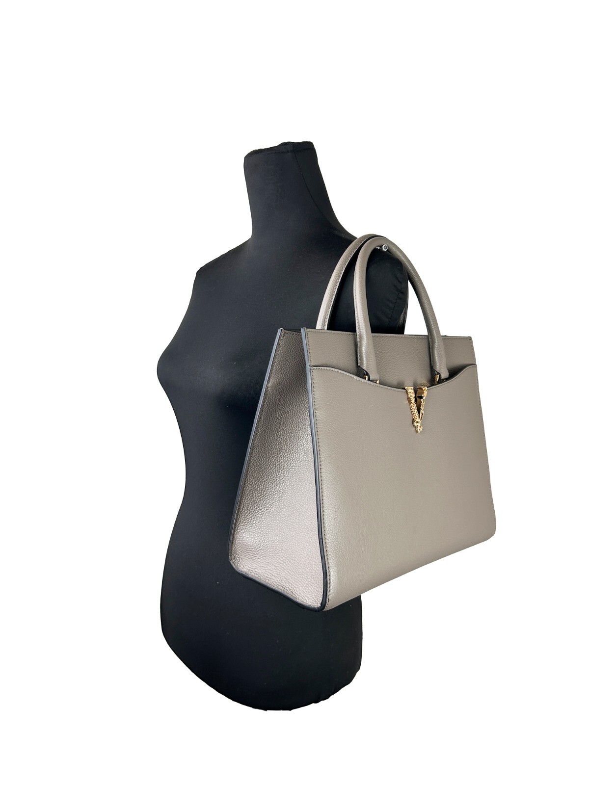 Versace Virtus Large Leather Top Handle Satchel Bag Tote Gray - Image 5