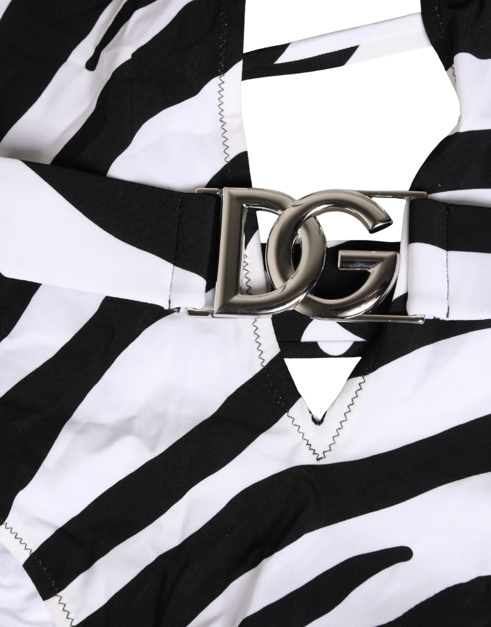 Dolce & Gabbana Black White Zebra Deep V-Neck One Piece Swimwear - Image 4