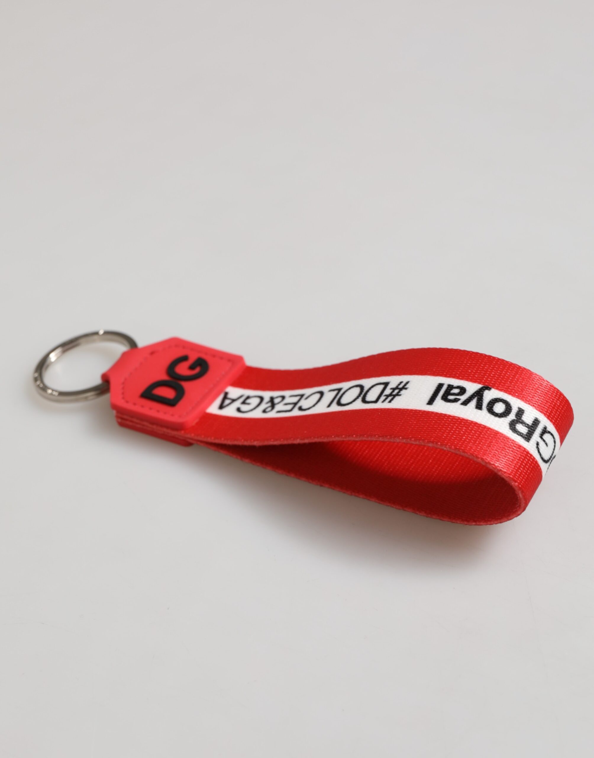 Dolce & Gabbana Red Logo Polyester Silver Brass Holder Keychain Keyring - Image 5