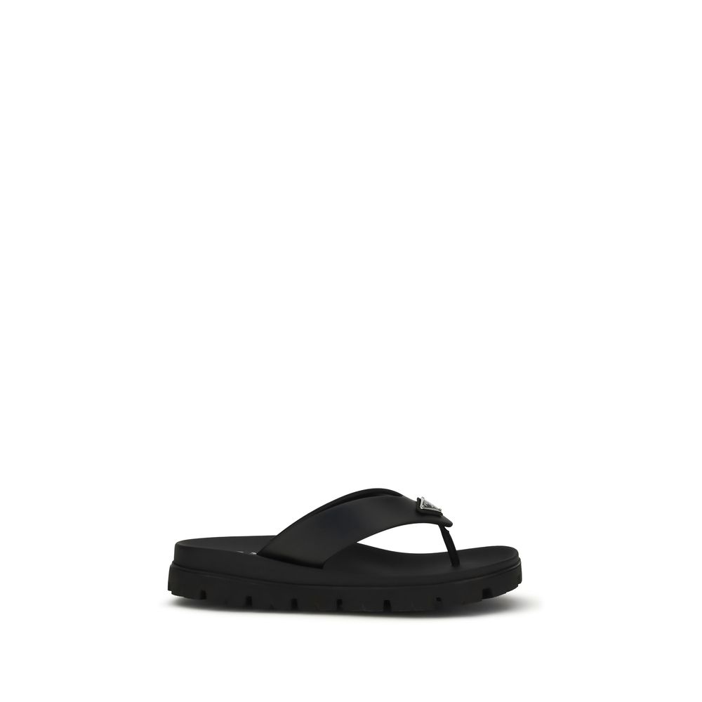 Prada Black Calf Leather Bos Taurus Flip-Flop Sandals